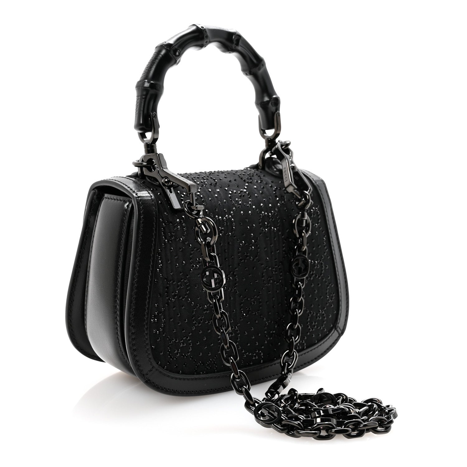 Moire Fabric Calfskin Rhinestone Monogram Monochrome Mini Bamboo 1947 Top Handle Chain Bag Black