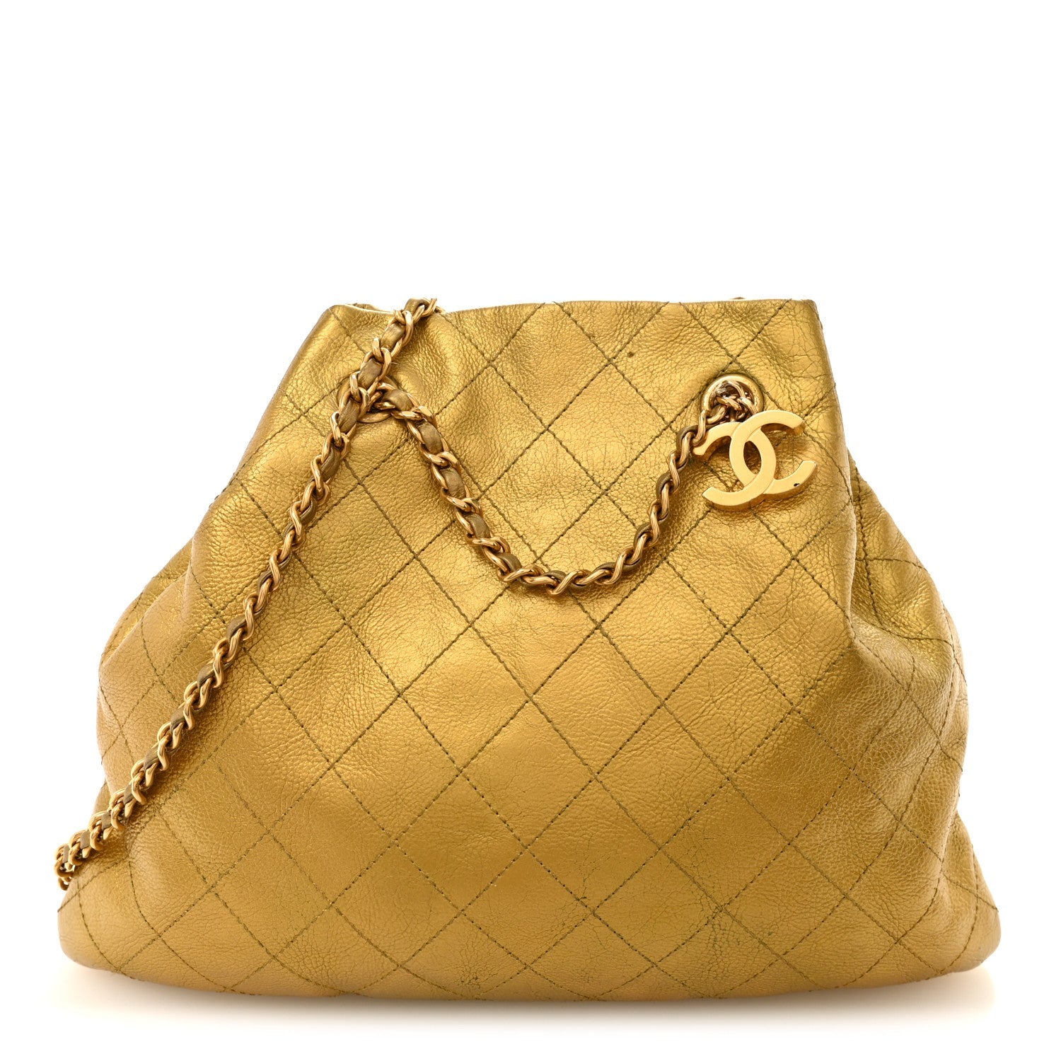 Metallic Calfskin Quilted Small Drawstring Bag Gold
