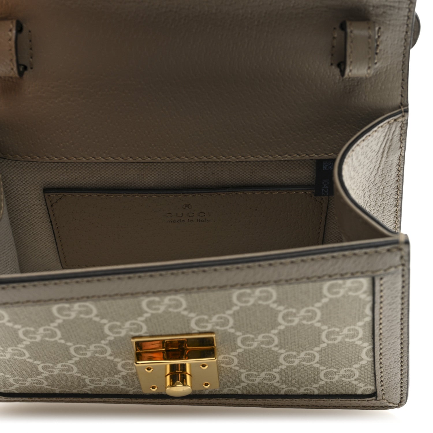 GG Supreme Monogram Textured Dollar Calfskin Web Mini Ophidia Padlock Top Handle Chain Shoulder Bag Beige Mystic White Oatmeal