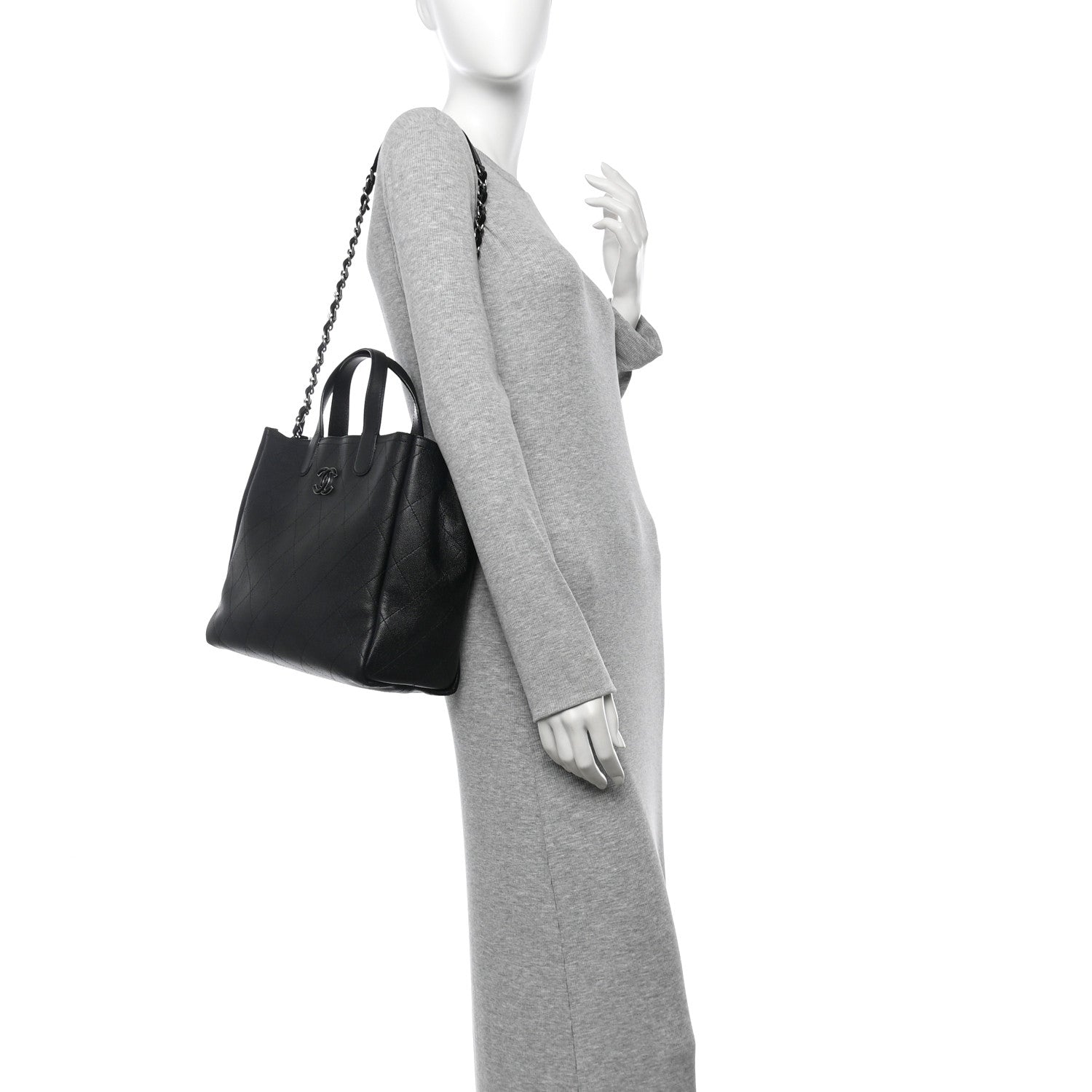 Caviar Stitched Medium Lady Coco Shopping Tote Black