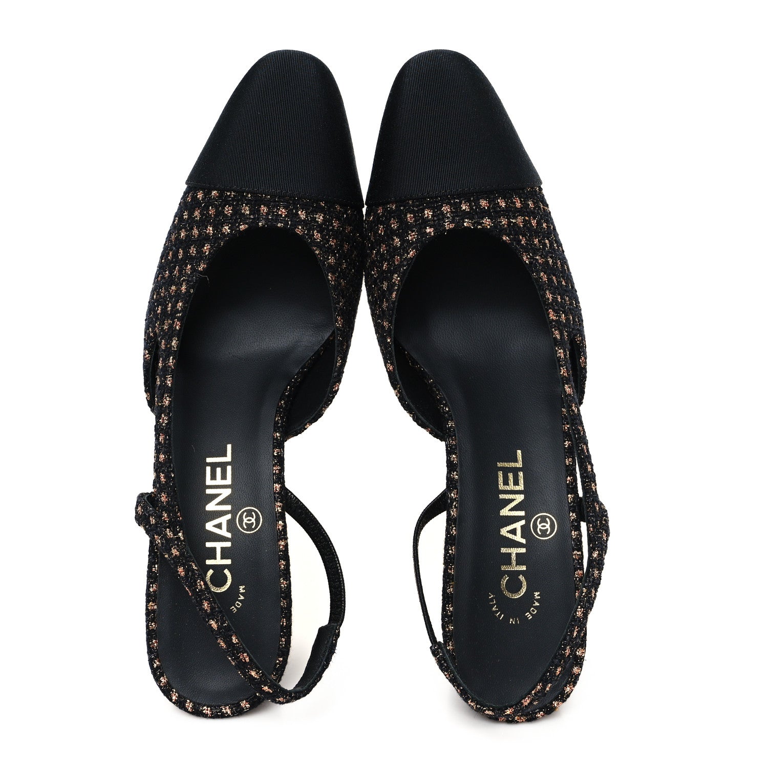 Iridescent Tweed Grosgrain Cap Toe CC Slingback Pumps 37.5 Black Gold