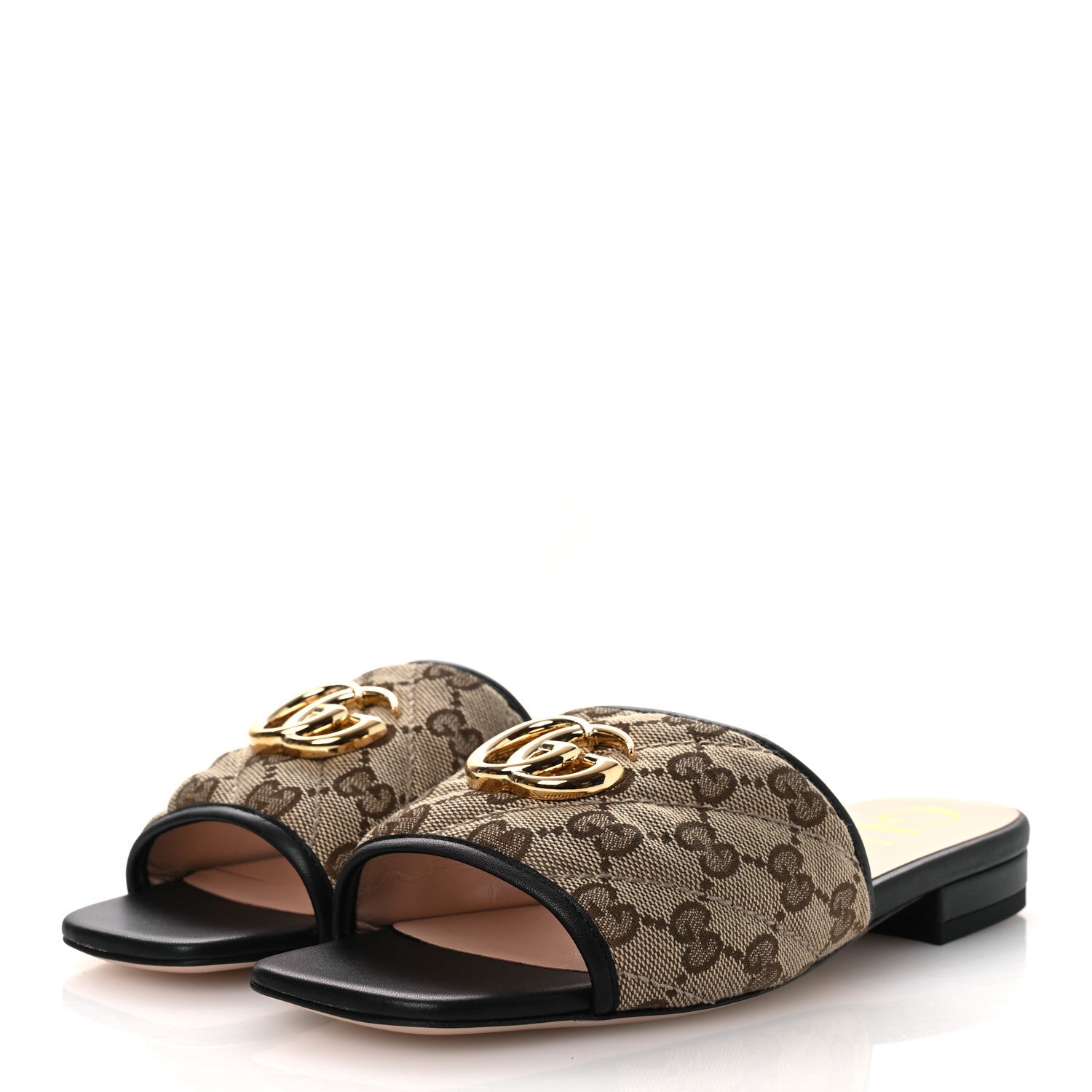 Monogram Matelasse Diagonal GG Marmont Flat Slide Sandals 35 Beige Ebony Black