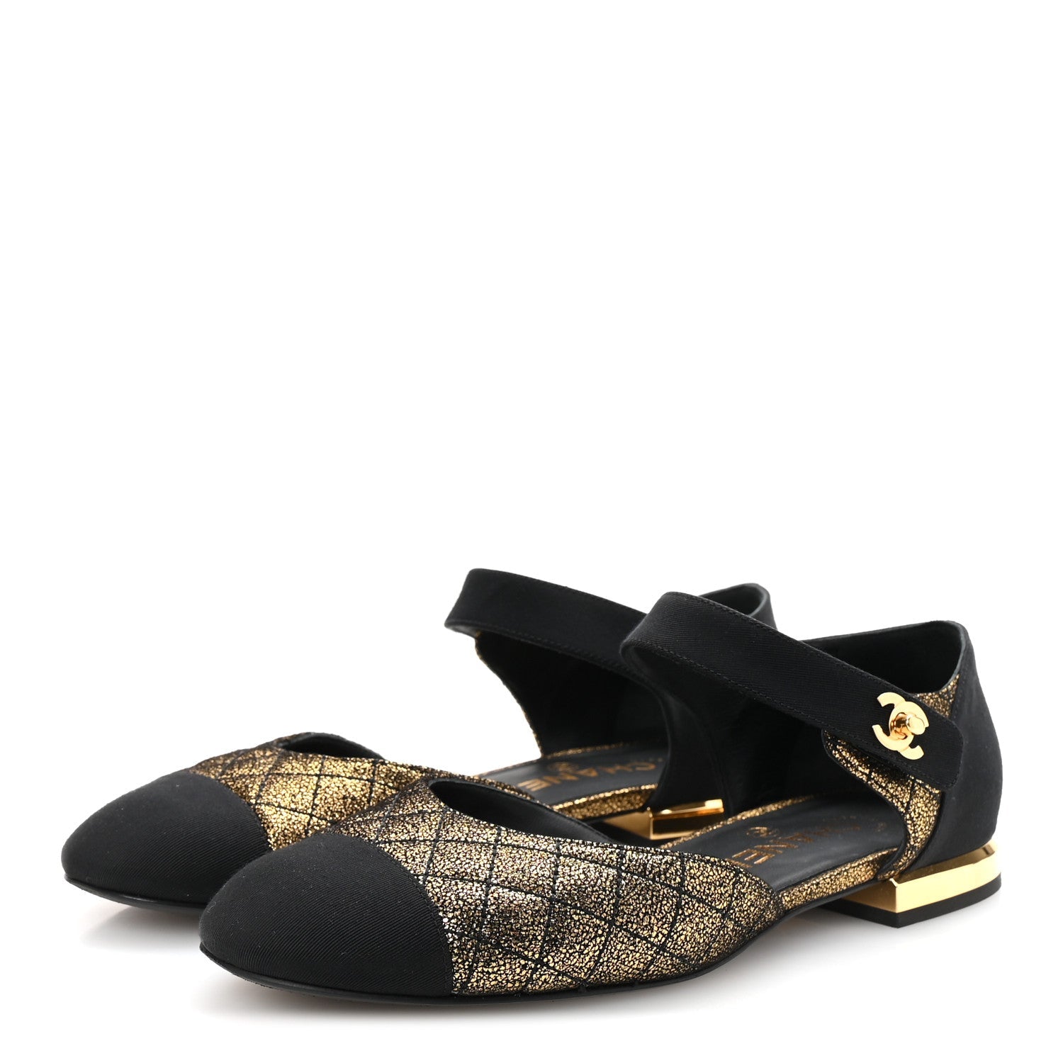 Laminated Suede Kidskin Grosgrain Quilted Cap Toe Ballerina Flats 37.5 Gold Black