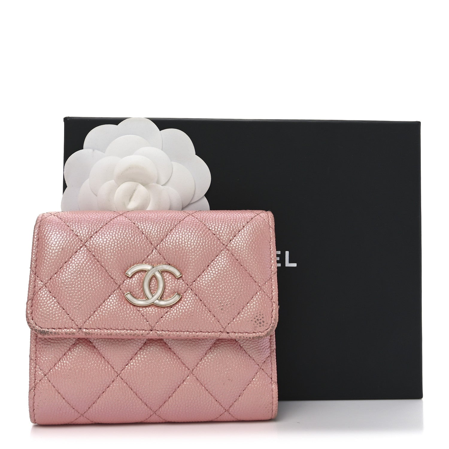 Iridescent Caviar Quilted Small Flap Wallet Rose Pink