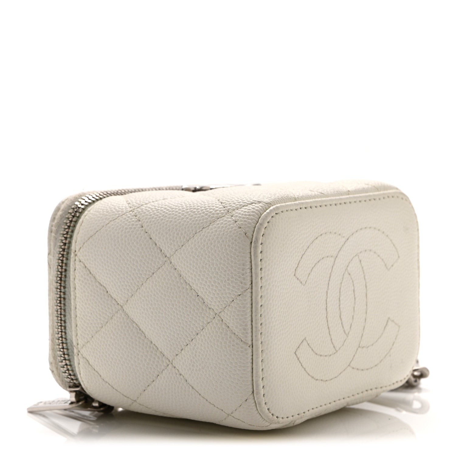 Caviar Quilted Enamel Coco Mini Vanity Case With Chain White