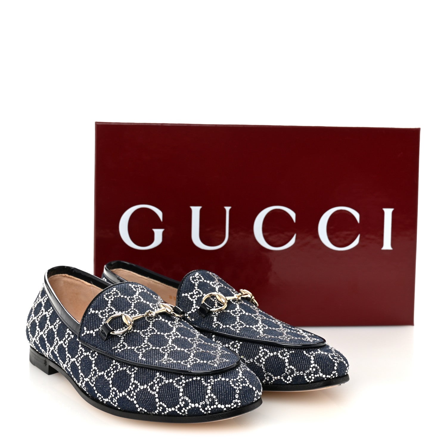 Denim Crystal GG Monogram Horsebit Womens Jordaan Loafers 36.5 Deep Blue Blue Milad