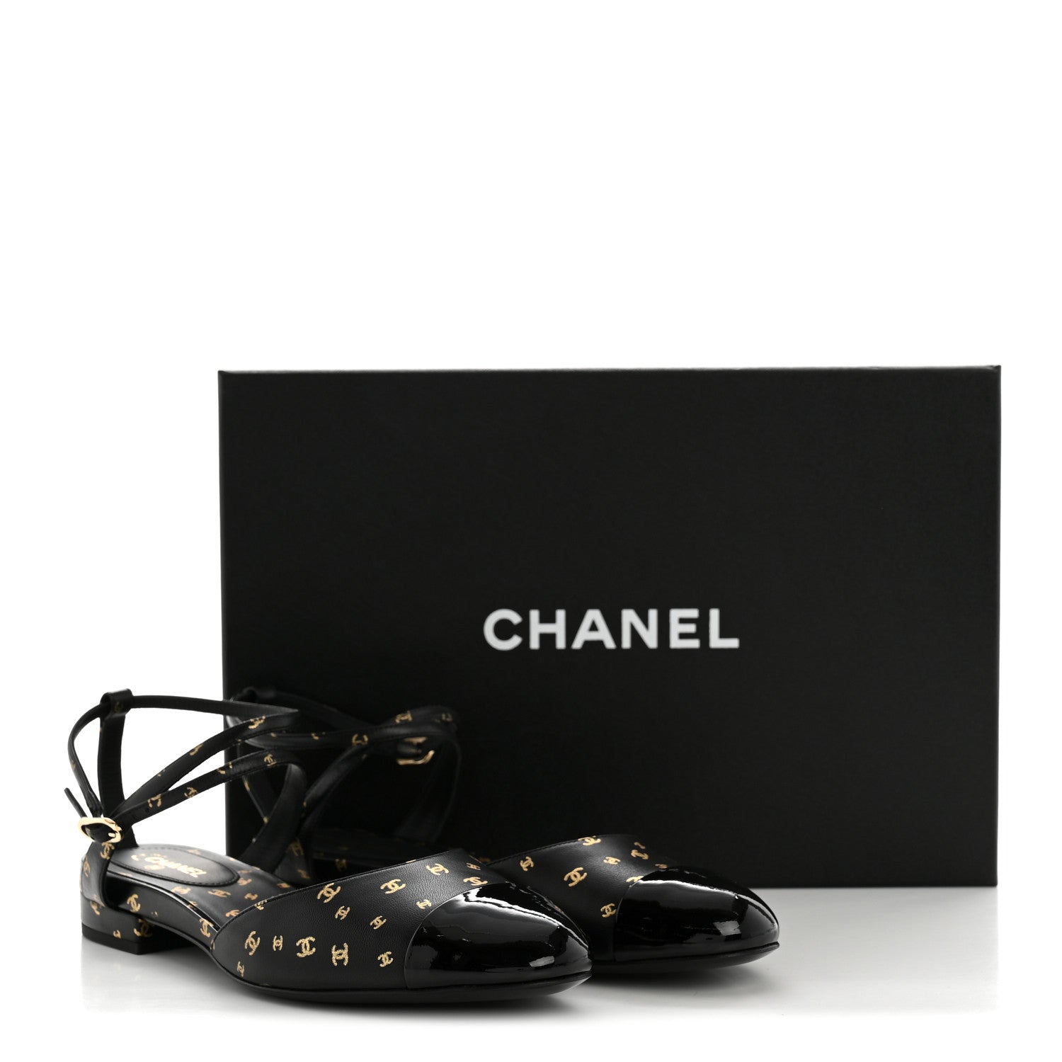 Printed Lambskin Patent Calfskin Cap Toe CC Slingbacks 36.5 Black Gold