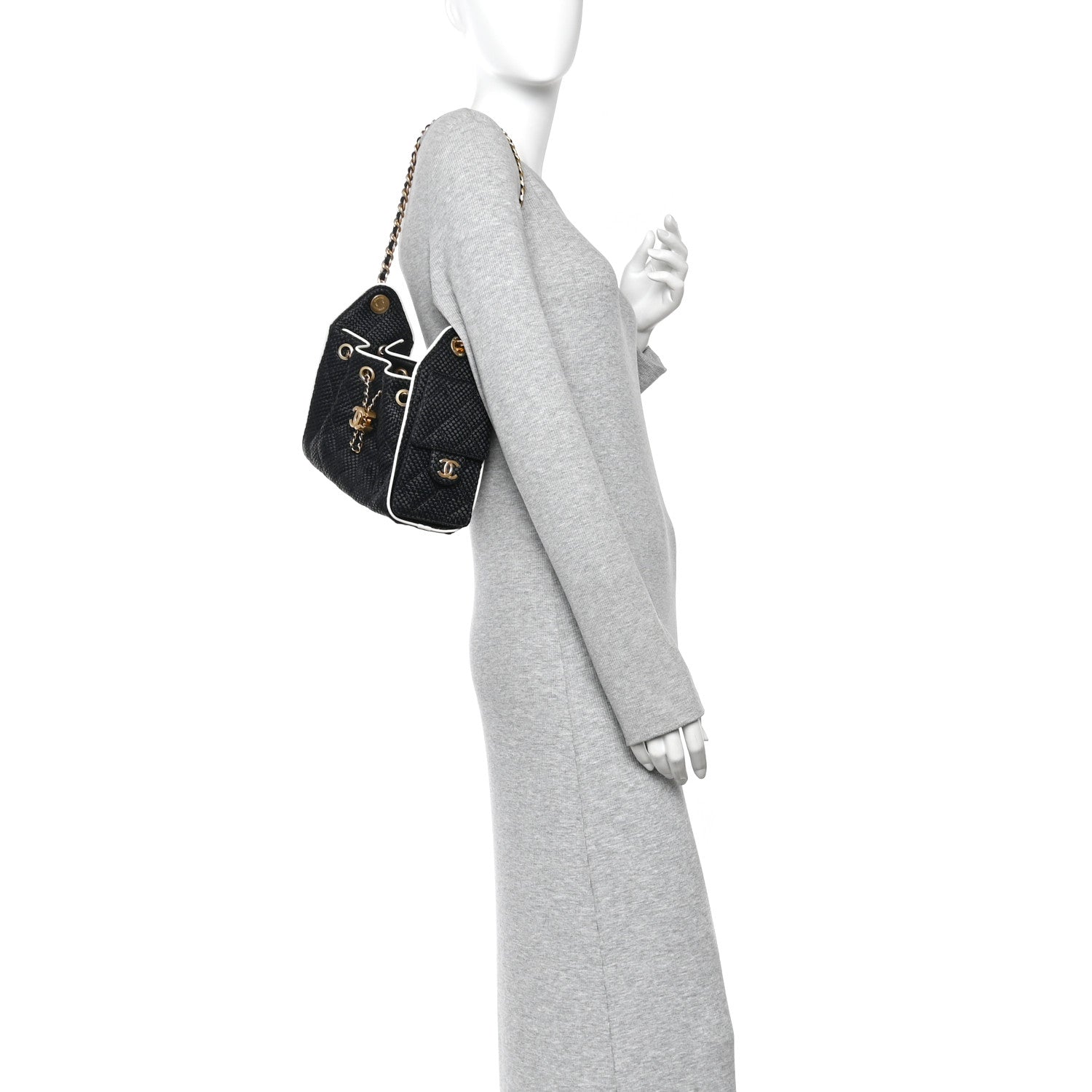 Braided Raffia Calfskin Mini Chanel 25 Handbag Black White