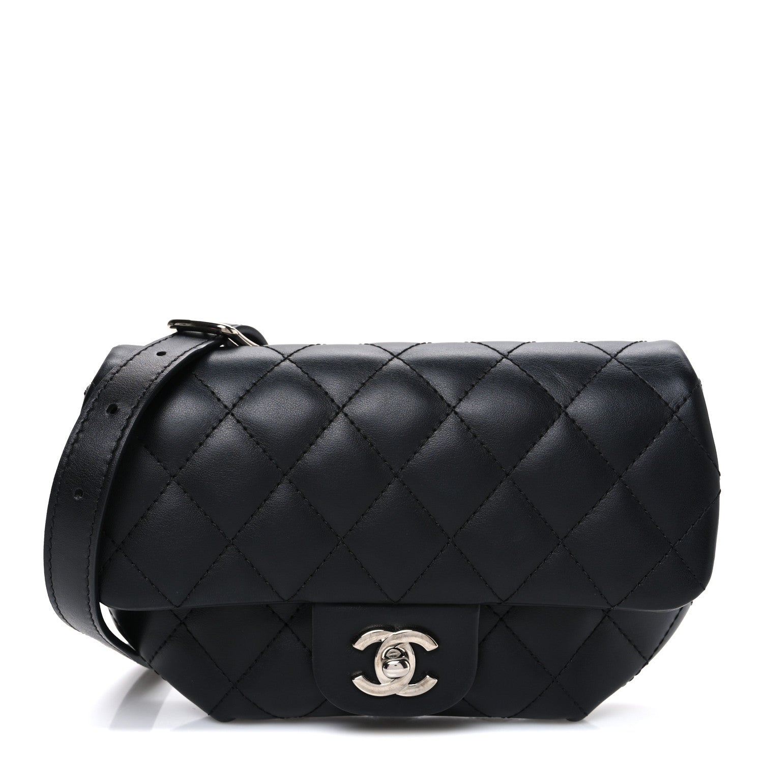 Calfskin Quilted CC Uniform Flap Belt Bag Black