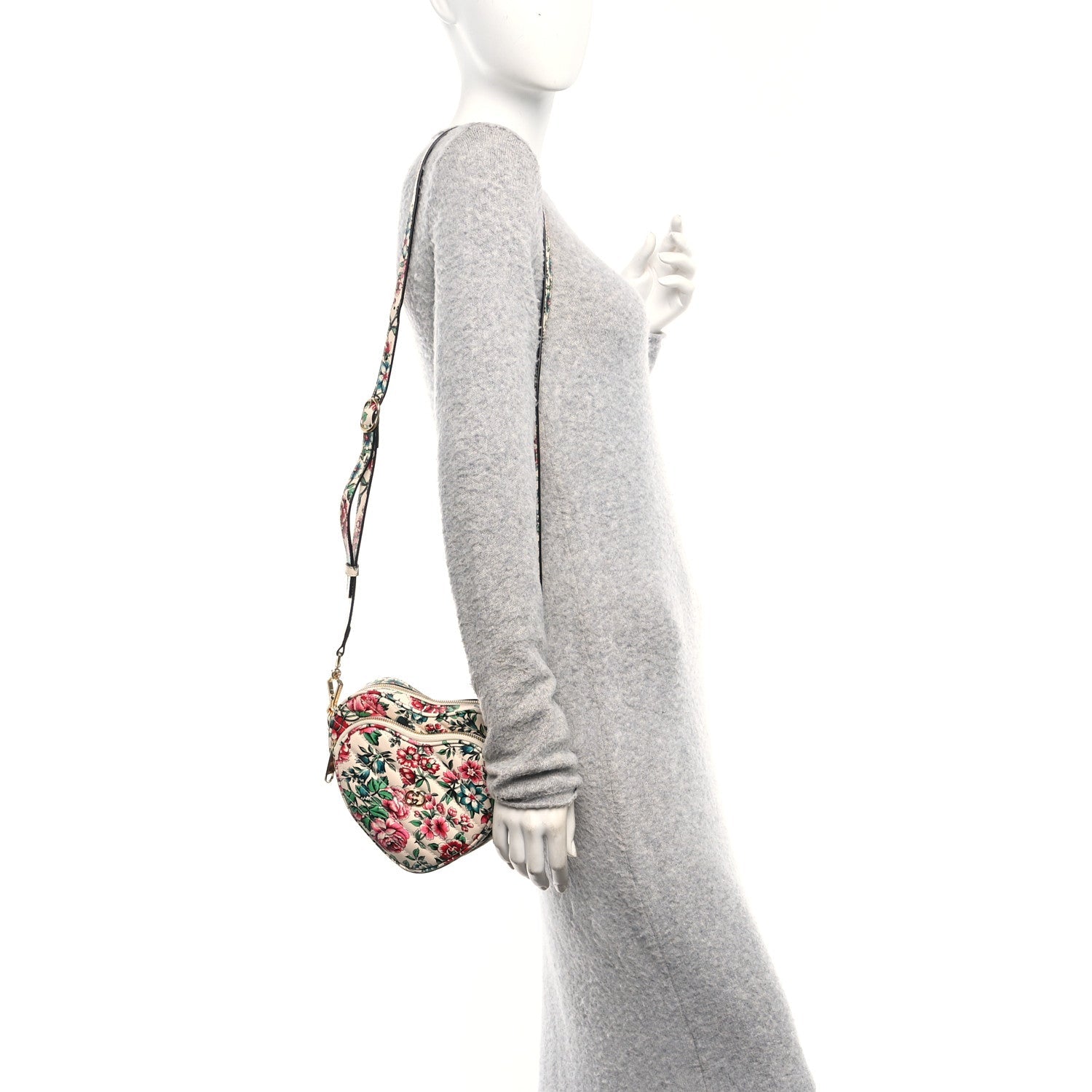 Calfskin Matelasse Diagonal Brit Roses Print Mini Interlocking G Heart Shoulder Bag  White Multicolor