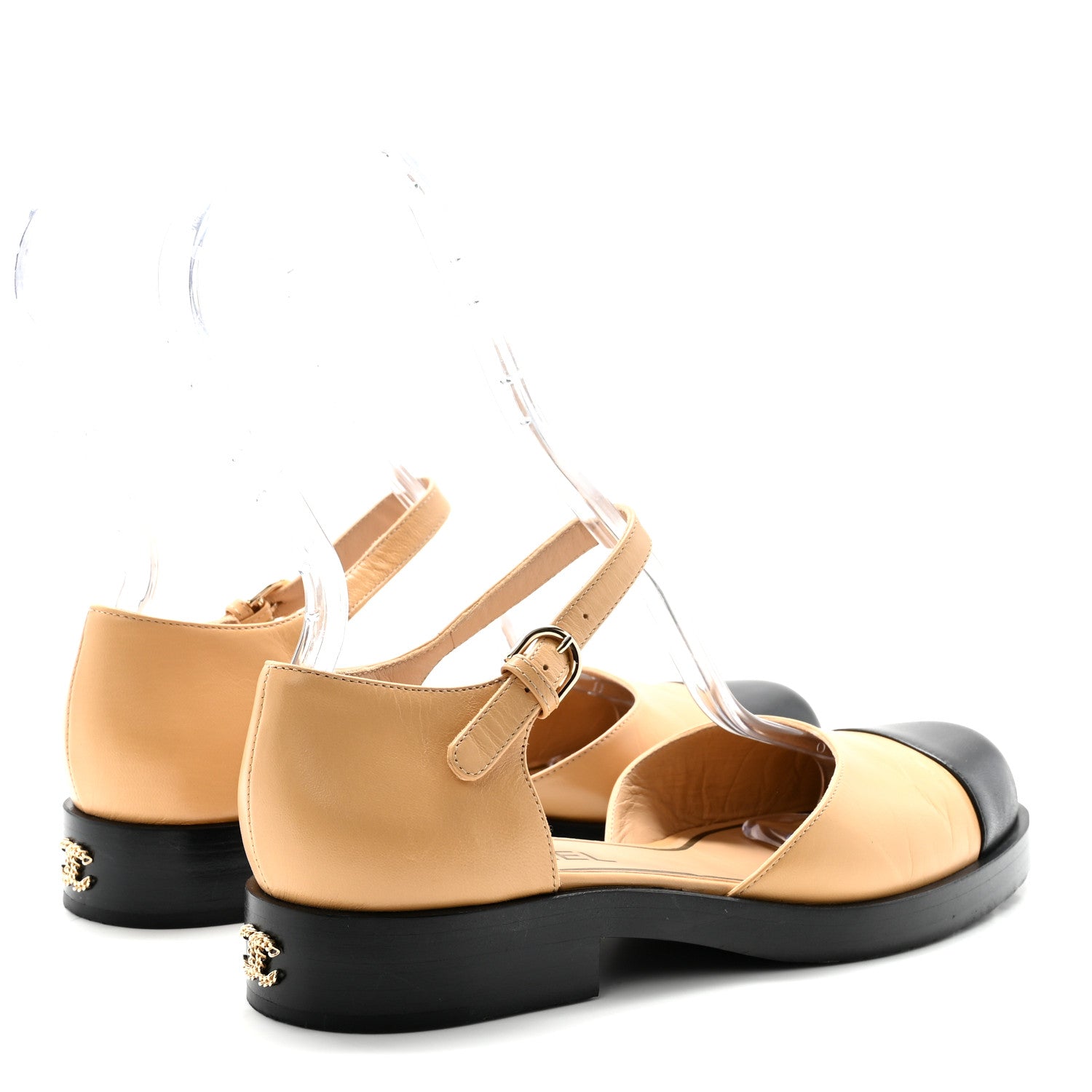 Shiny Goatskin Mary Jane Flats 38.5 Beige Black