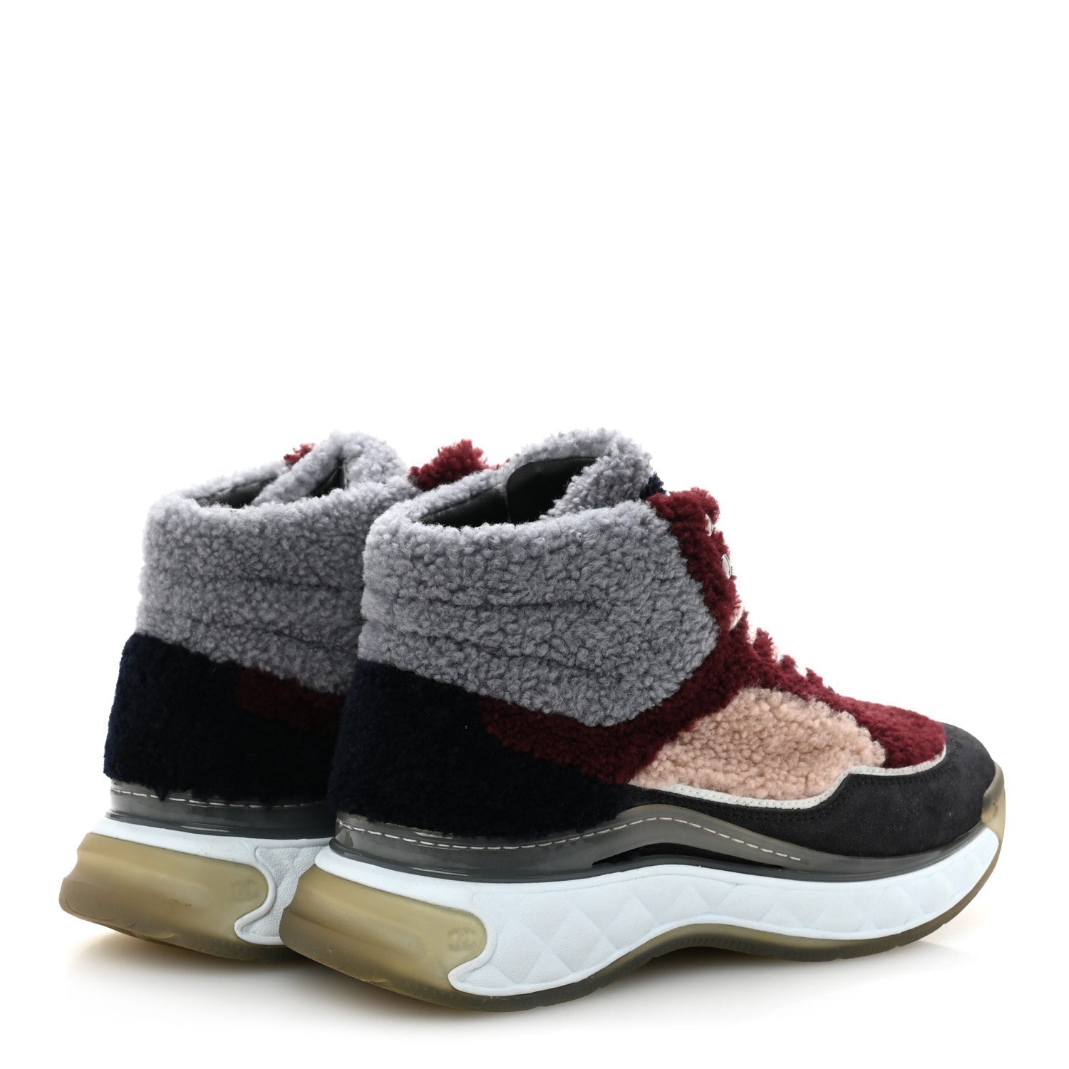 Shearling Lambskin Suede CC High Top Sneakers 36.5 Grey Pink Burgundy