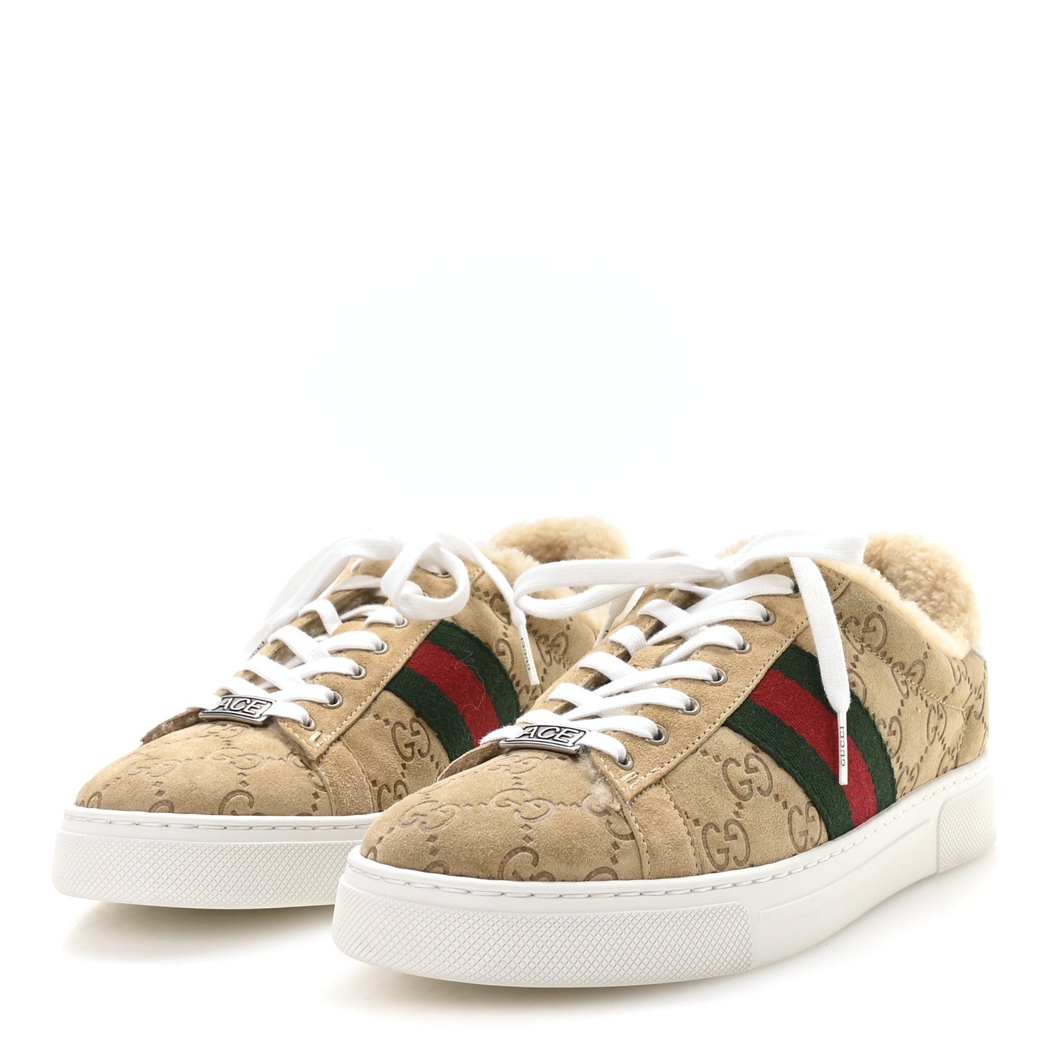 Suede Shearling Prestige GG Monogram Web Womens Ace Sneakers 37.5 Beige White Multicolor Mystic White