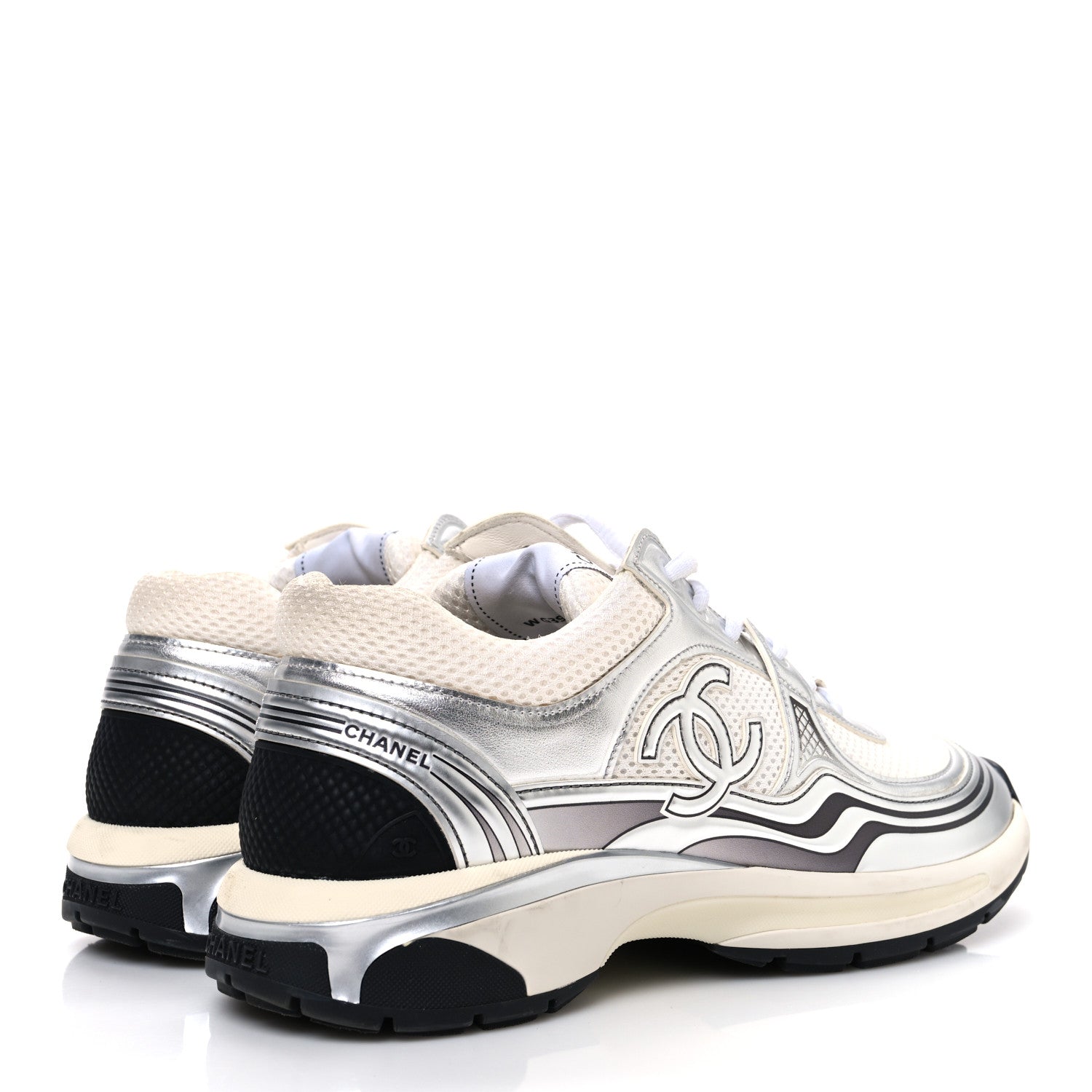 Fabric Laminated Calfskin Stretch CC Womens Sneakers 40 White Silver