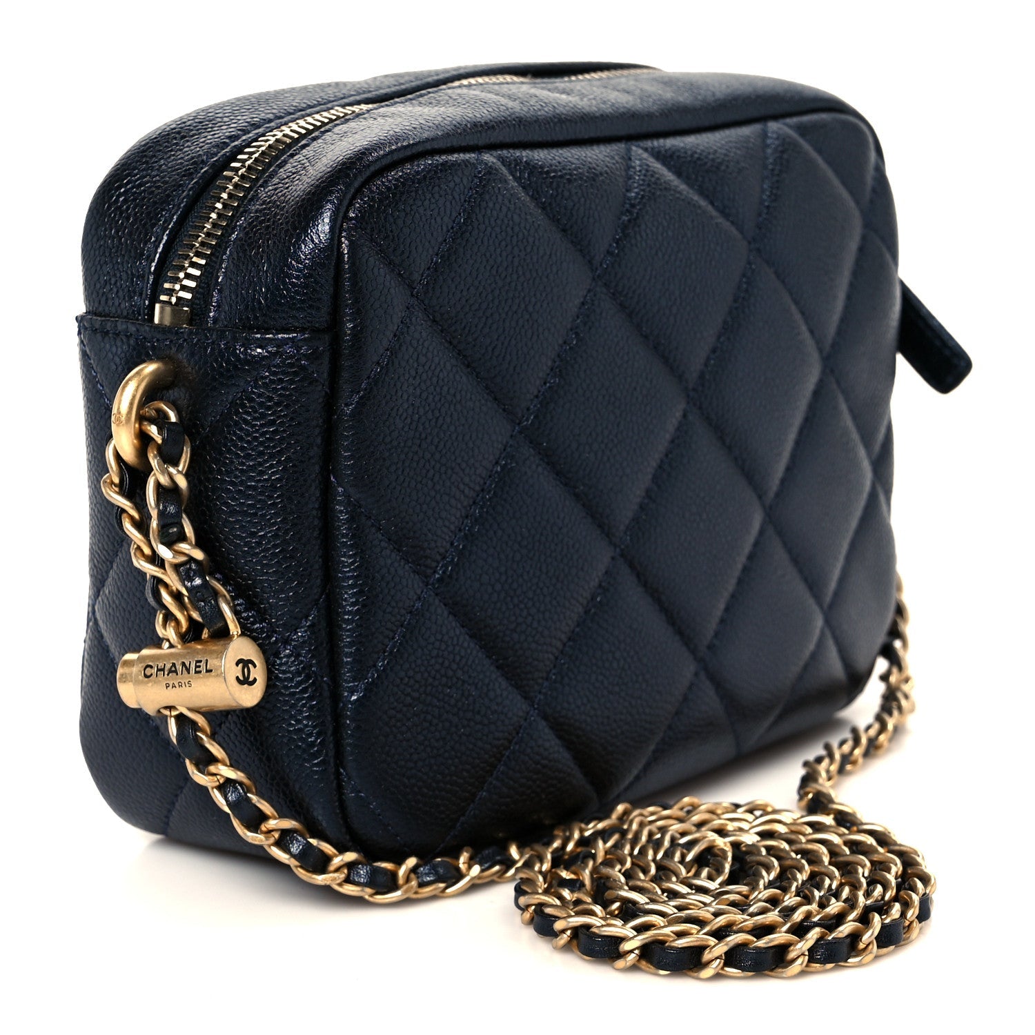 Shiny Caviar Quilted Chain Melody Camera Bag Dark Blue