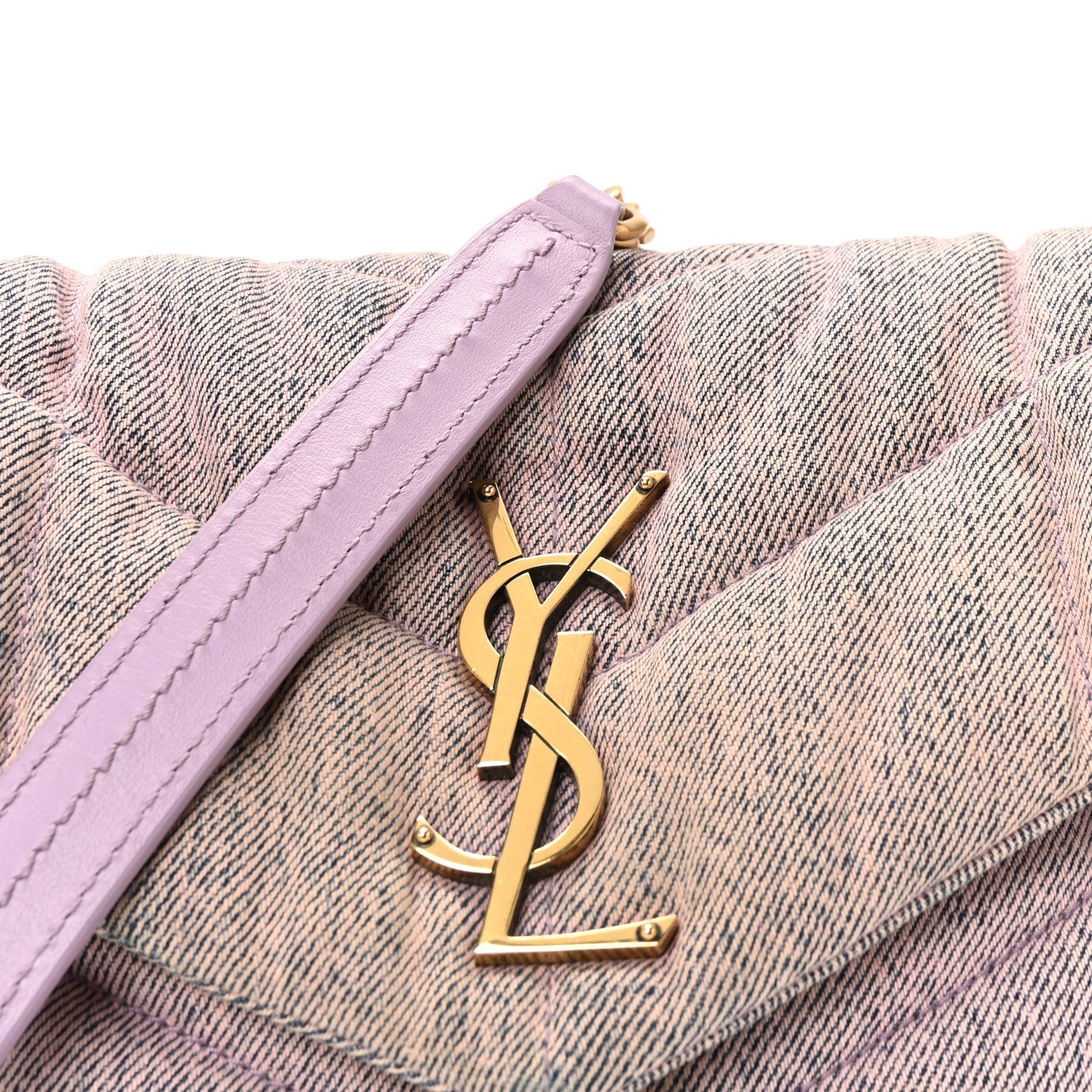 Denim Quilted Small Loulou Puffer Monogram Chain Satchel Bleached Lilac