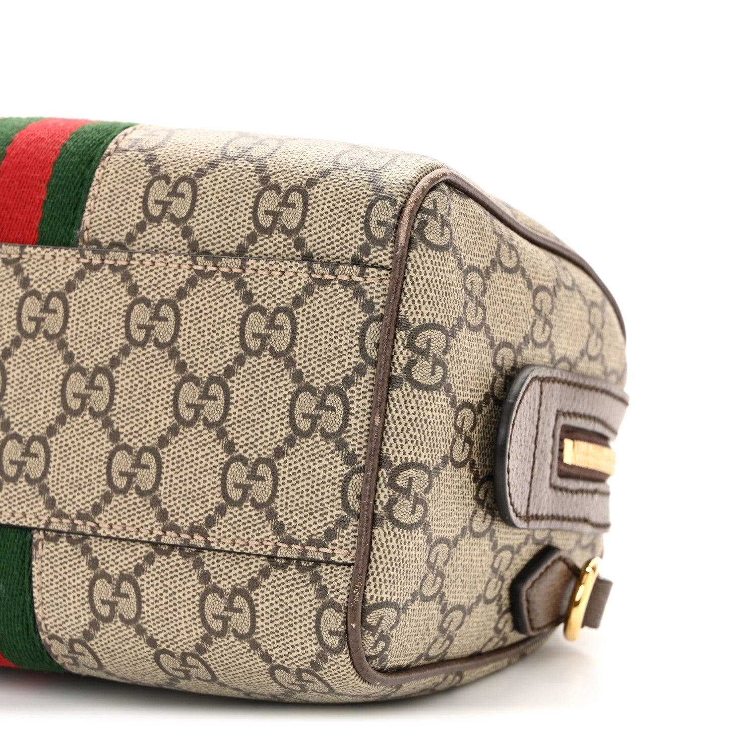 GG Supreme Monogram Textured Dollar Calfskin Web Mini Ophidia Top Handle Bag Beige Ebony New Acero