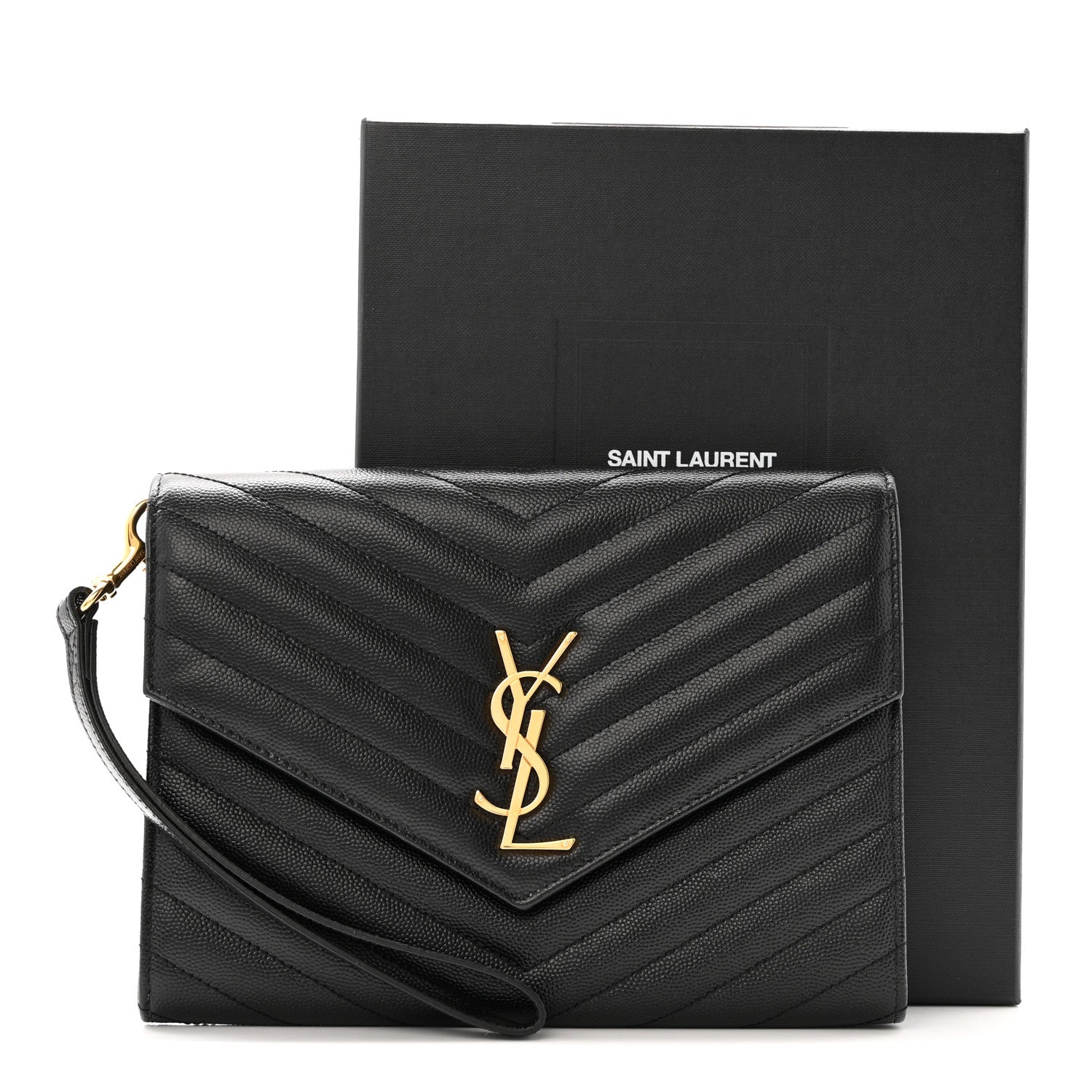 Grain De Poudre Matelasse Chevron Monogram Envelope Clutch Black