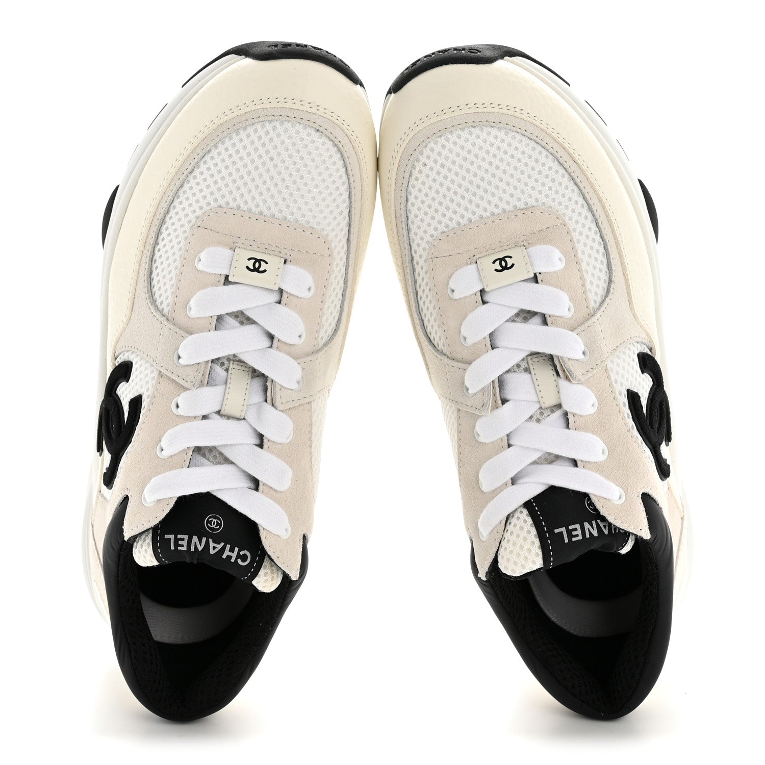 Mesh Suede Grained Calfskin Womens CC Sneakers 38.5 White Black