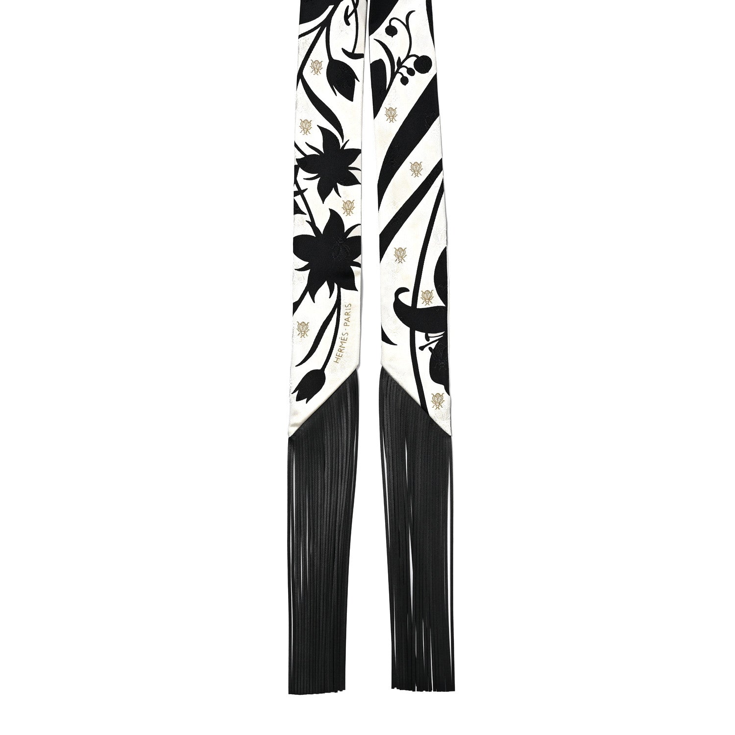 Silk Calfskin Bouquet Final Fringed Twilly Creme Black