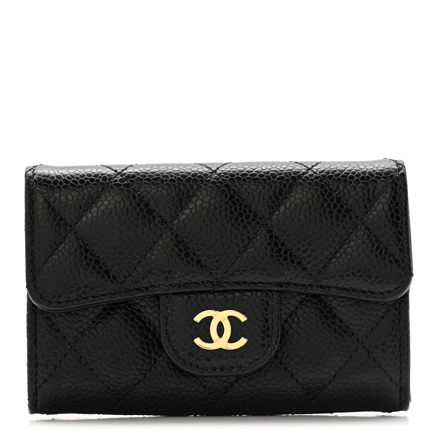 Caviar Quilted Flap Card Holder Wallet Black