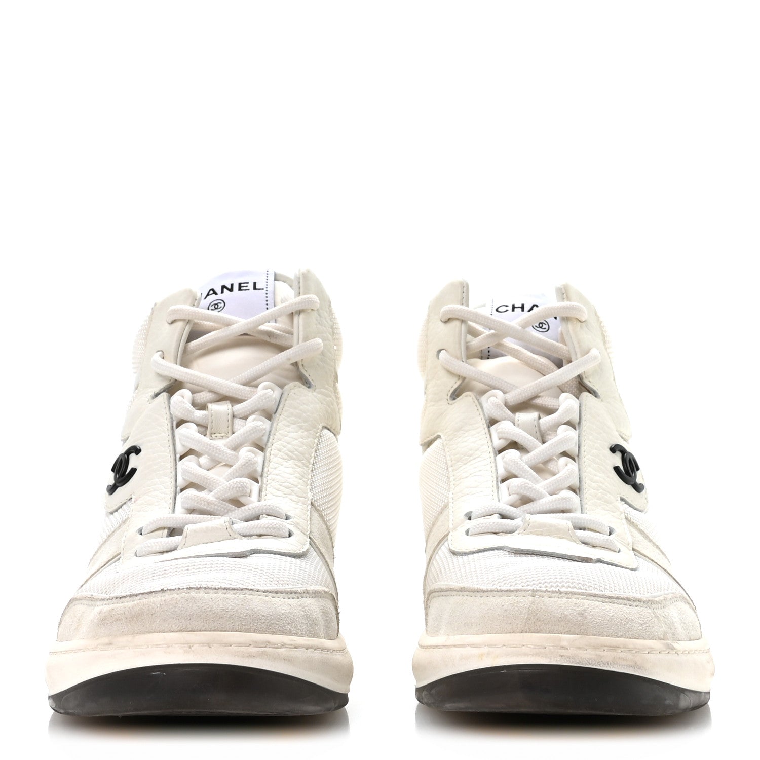 Suede Fabric Grained Calfskin Womens CC High Top Sneakers 38 White