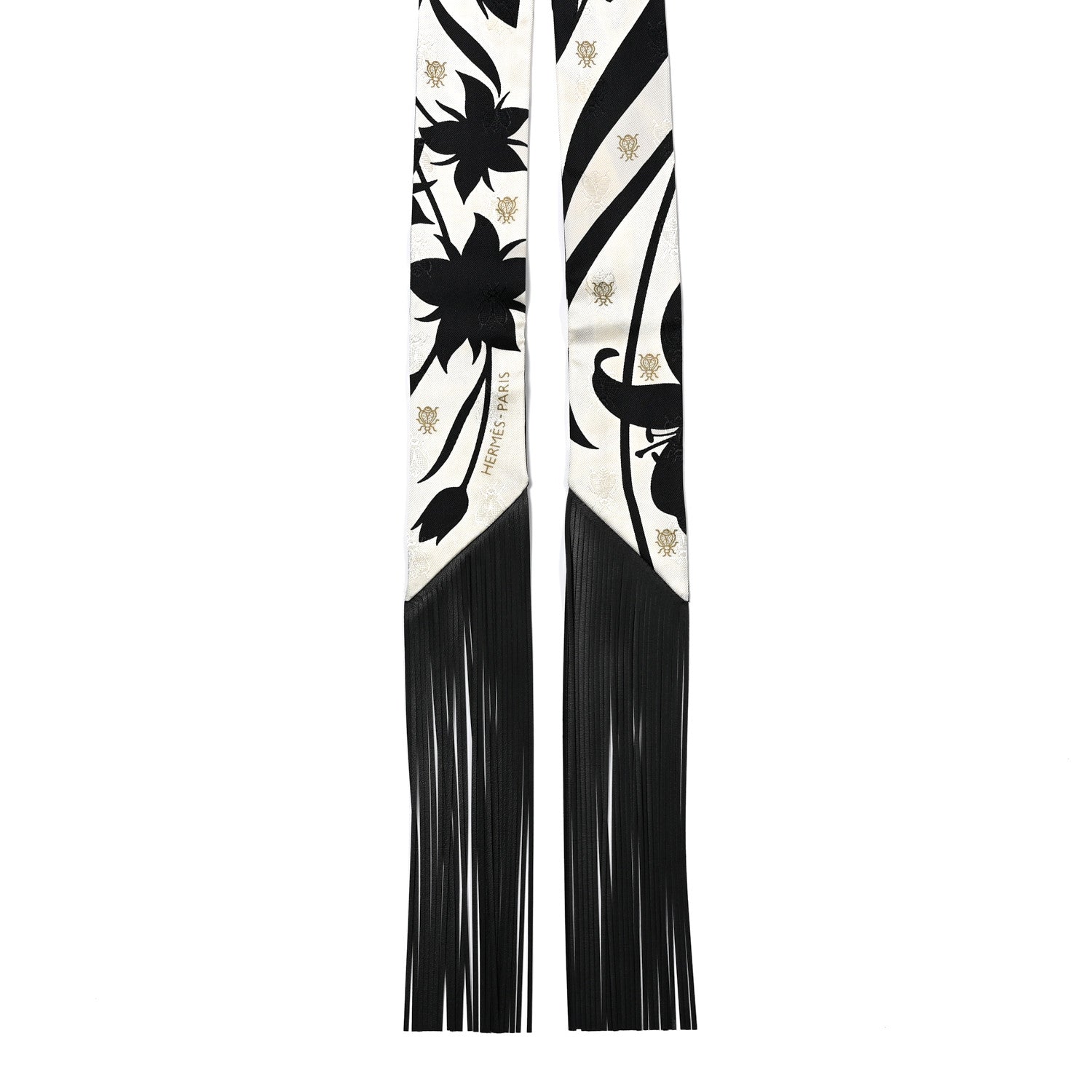 Silk Calfskin Bouquet Final Fringed Twilly Creme Black