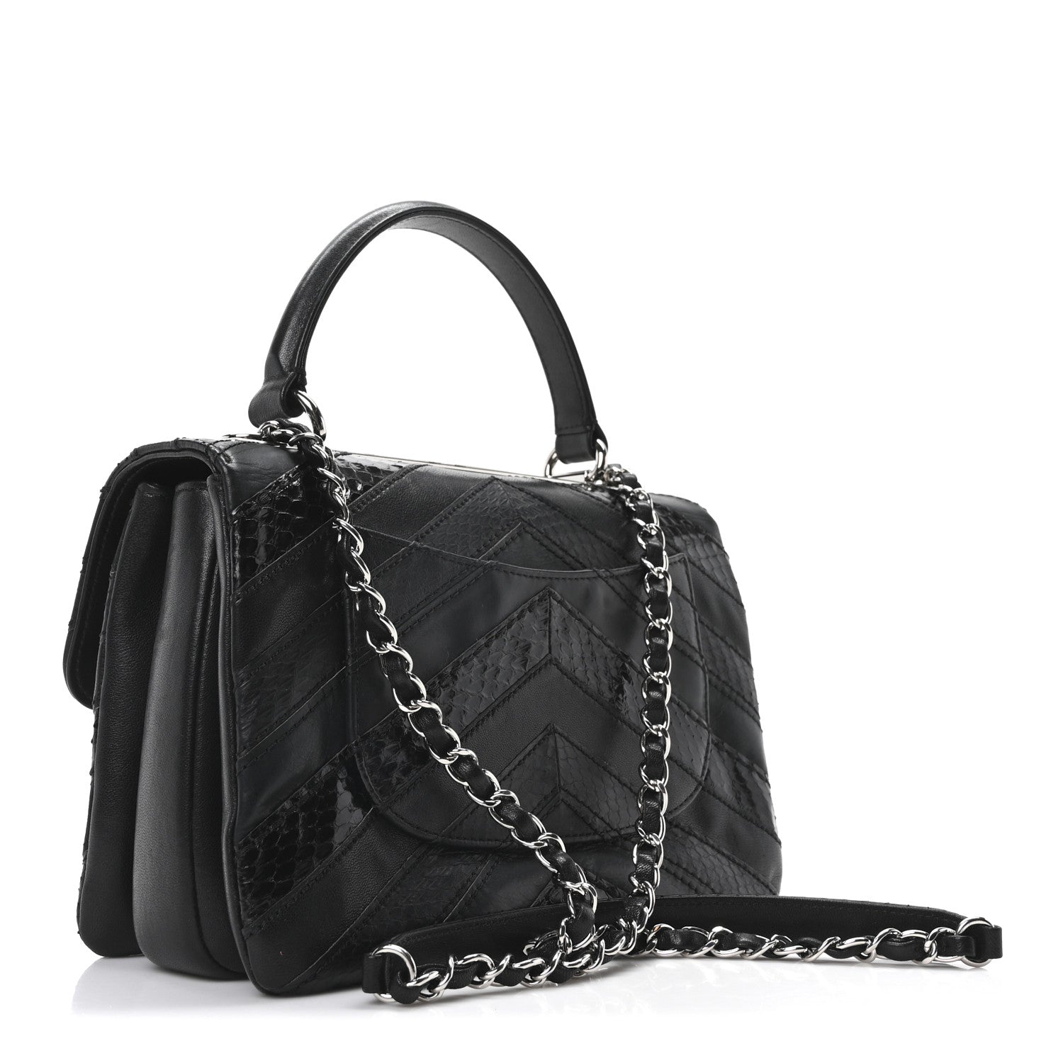 Calfskin Sheepskin Watersnake Chevron Quilted CC Small Trendy CC Dual Handle Flap Bag Black