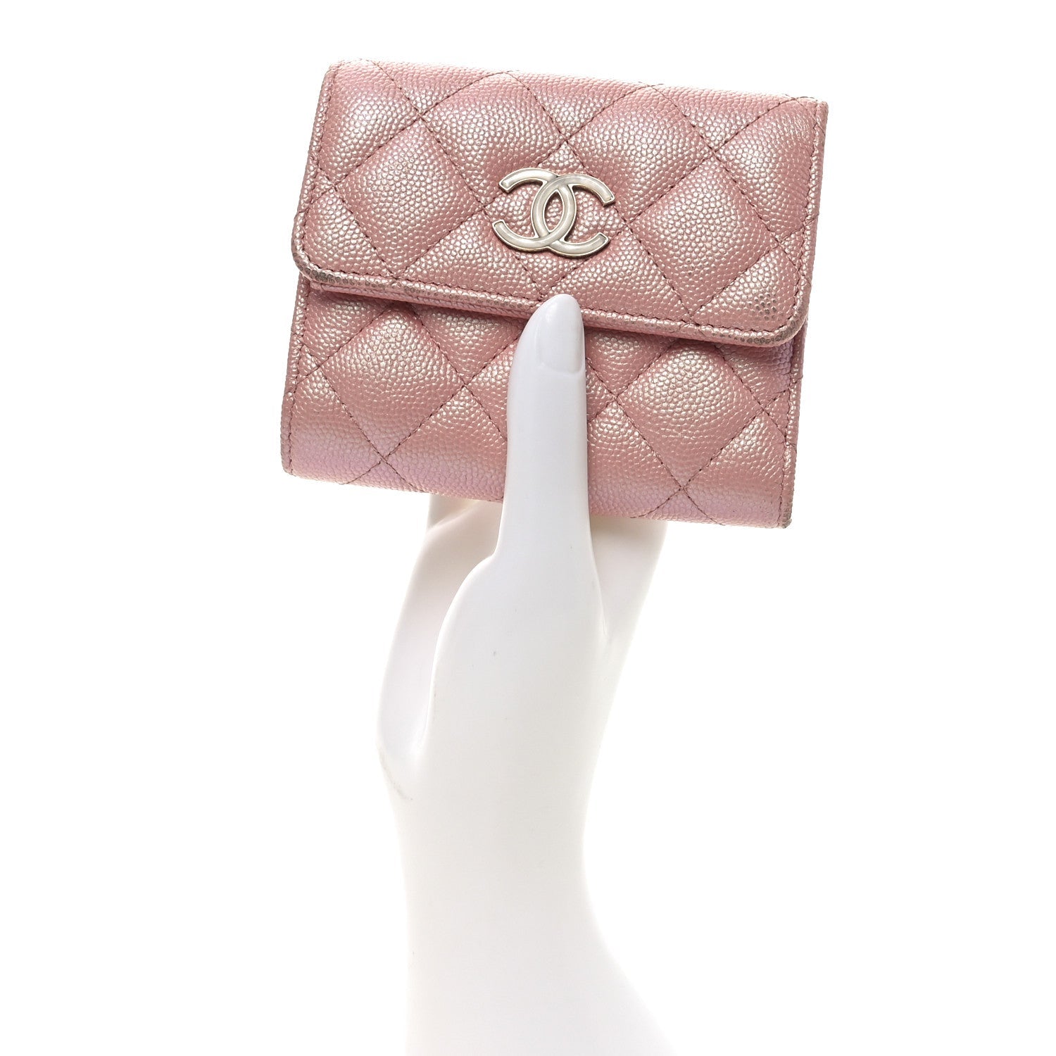 Iridescent Caviar Quilted Small Flap Wallet Rose Pink