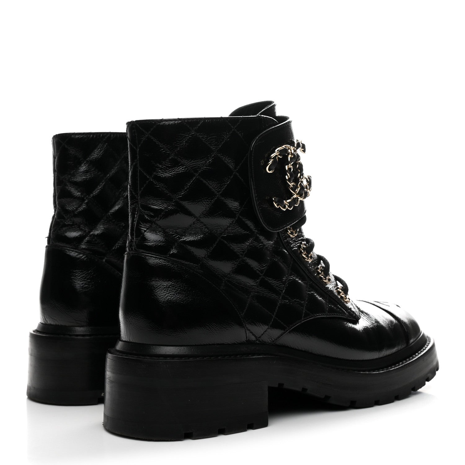 Shiny Calfskin Quilted Lace Up Combat Boots 36 Black