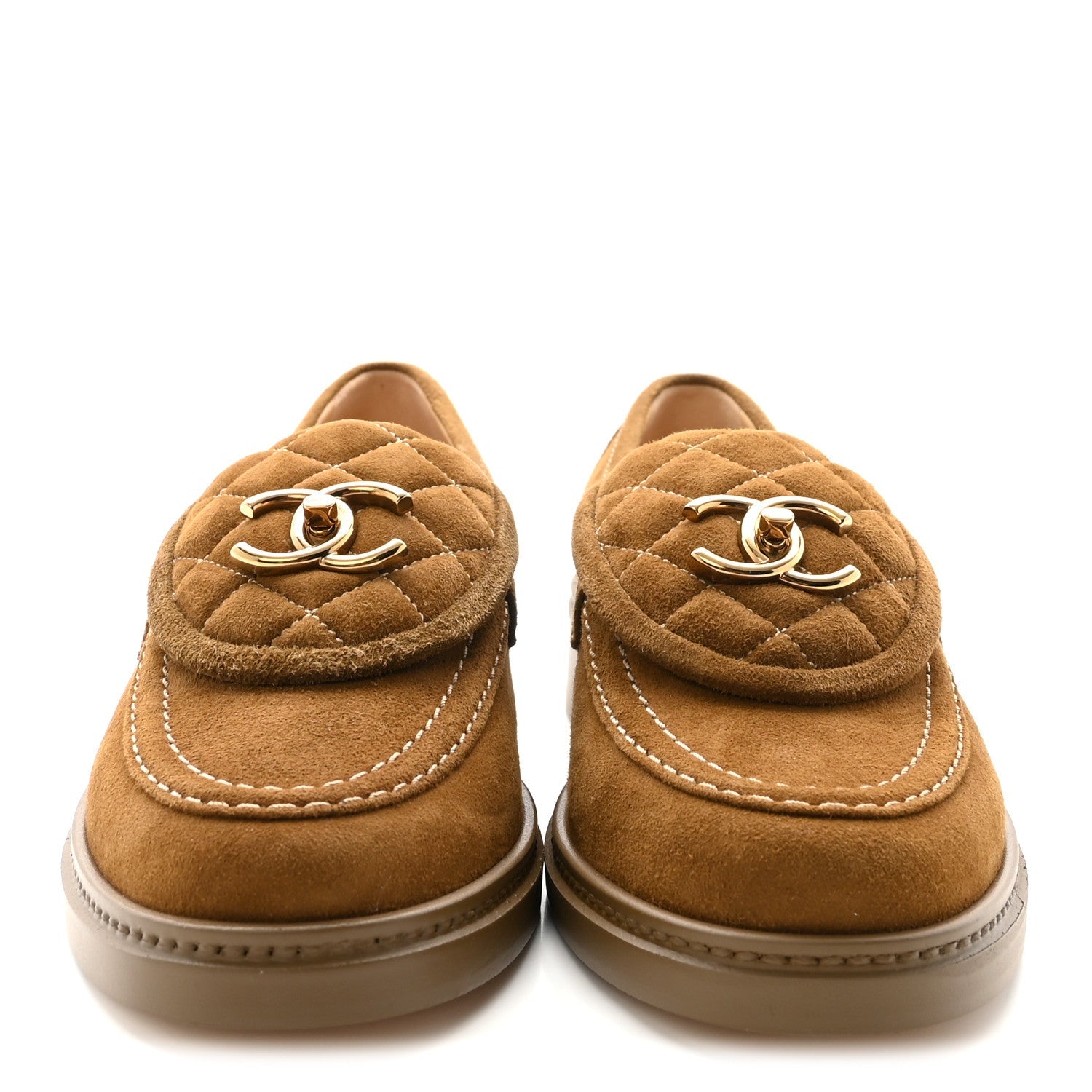 Suede Kidskin Quilted CC Turnlock Loafers 38.5 Light Brown