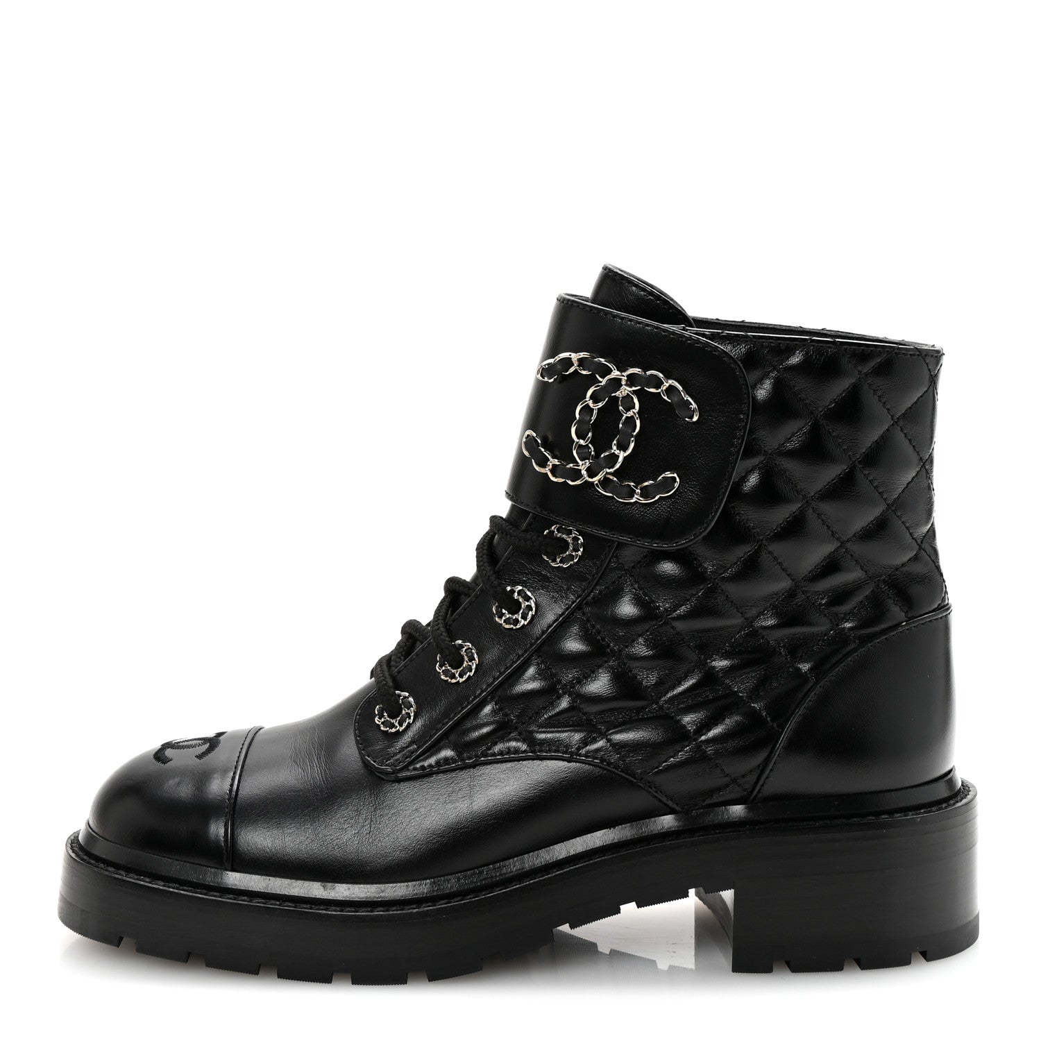 Shiny Lambskin Quilted Lace Up Combat Boots 39 Black