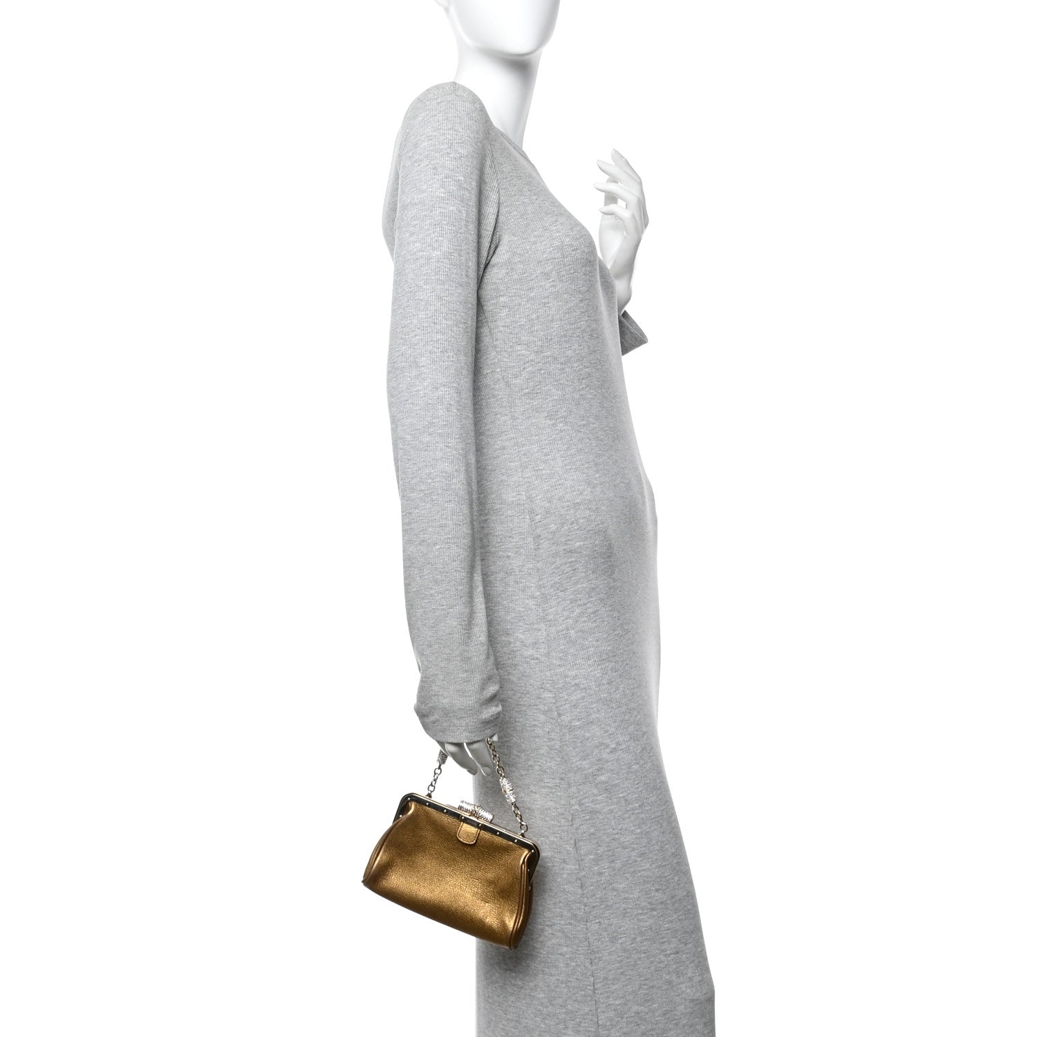 Metallic Grained Calfskin Crystal Frame Evening Bag Bronze