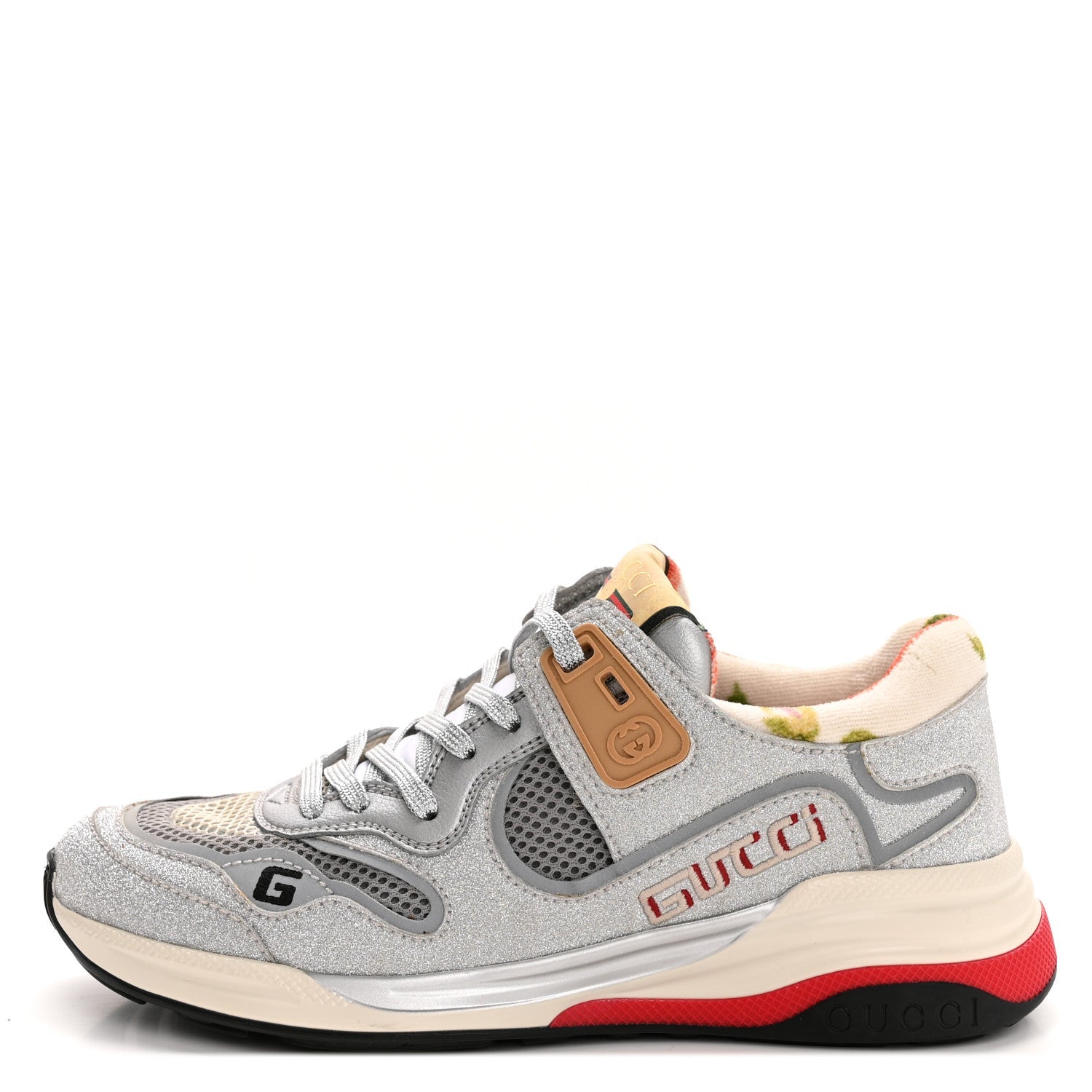 Metallic Calfskin Glitter Mesh Womens Ultrapace Sneakers 36 Silver Light Grey Mystic White