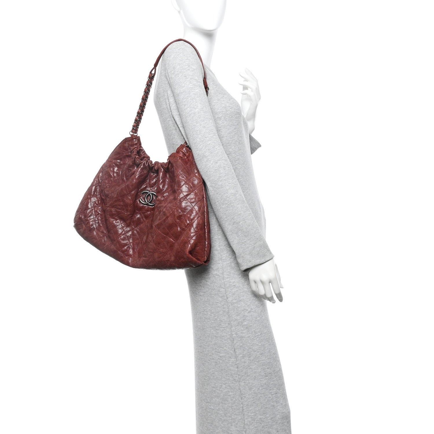 Crumpled Grained Calfskin Quilted Medium Elastic Tote Burgundy