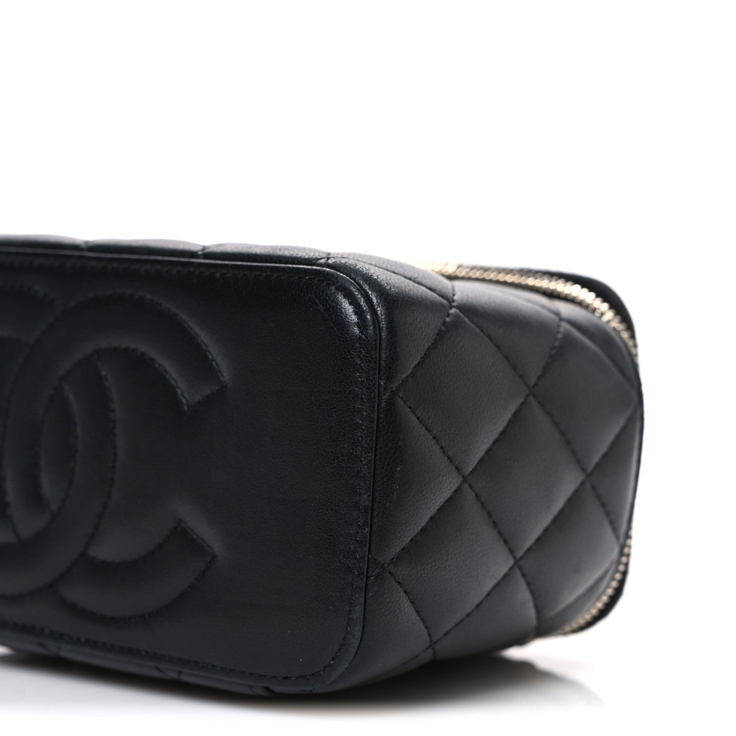 Lambskin Quilted Trendy Small Top Handle Vanity Case With Chain Black
