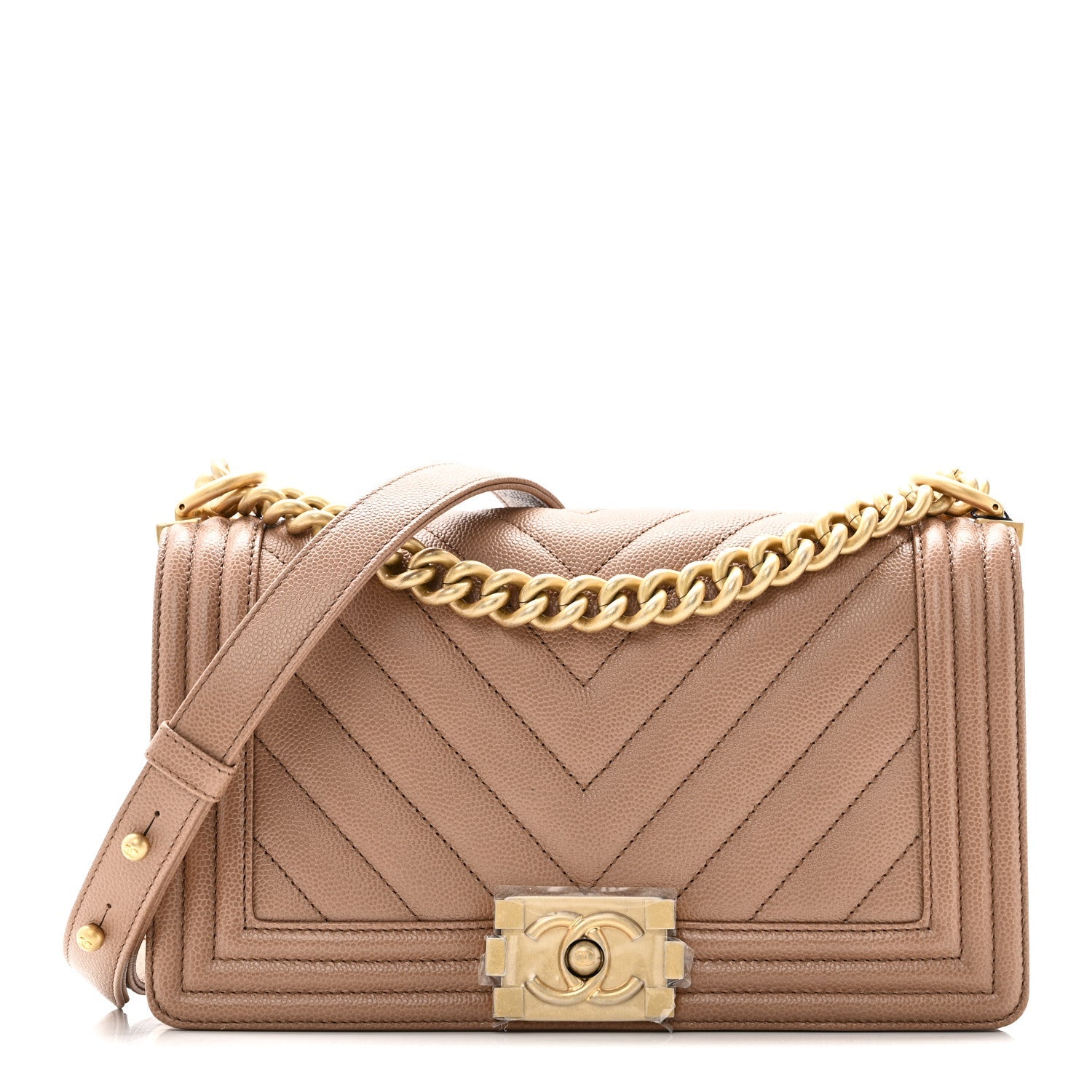 Caviar Chevron Quilted Medium Boy Flap Light Brown