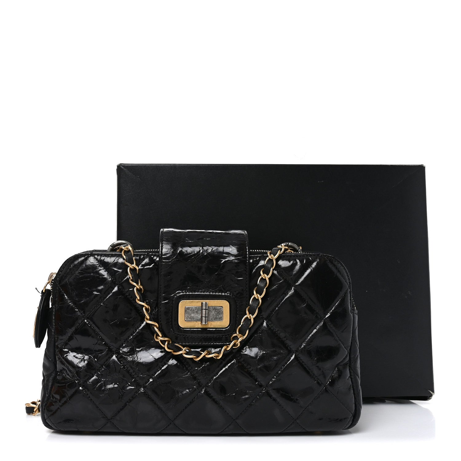 Glazed Crinkled Lambskin Small Reissue Zip Shopping Tote Black