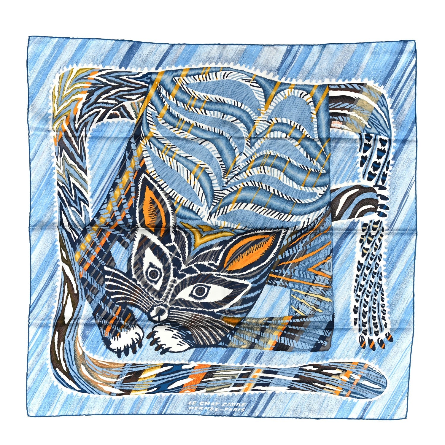 Silk Le Chat Carre Scarf 90 Bleu Caramel White