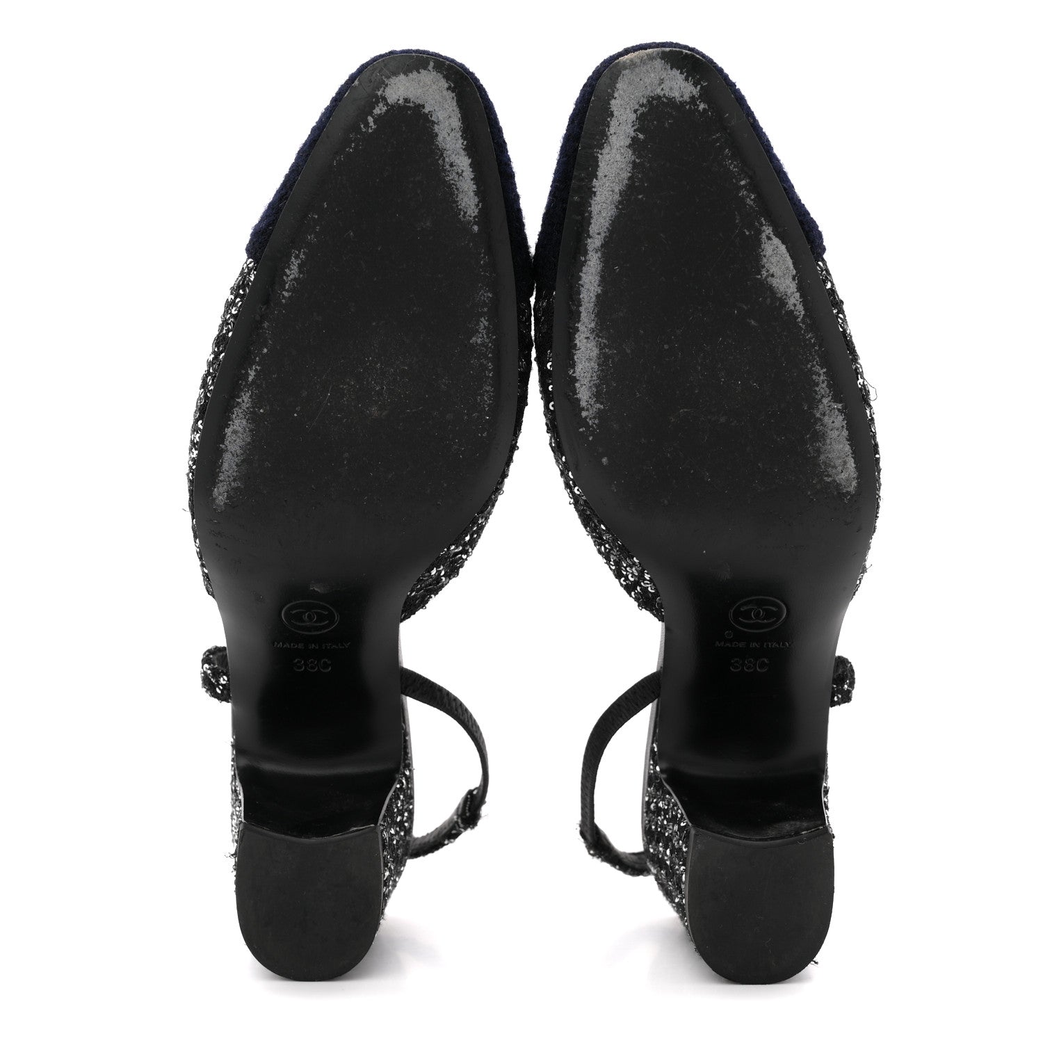 Tweed Sequin Cap Toe CC Slingback Pumps 38 Black White Silver