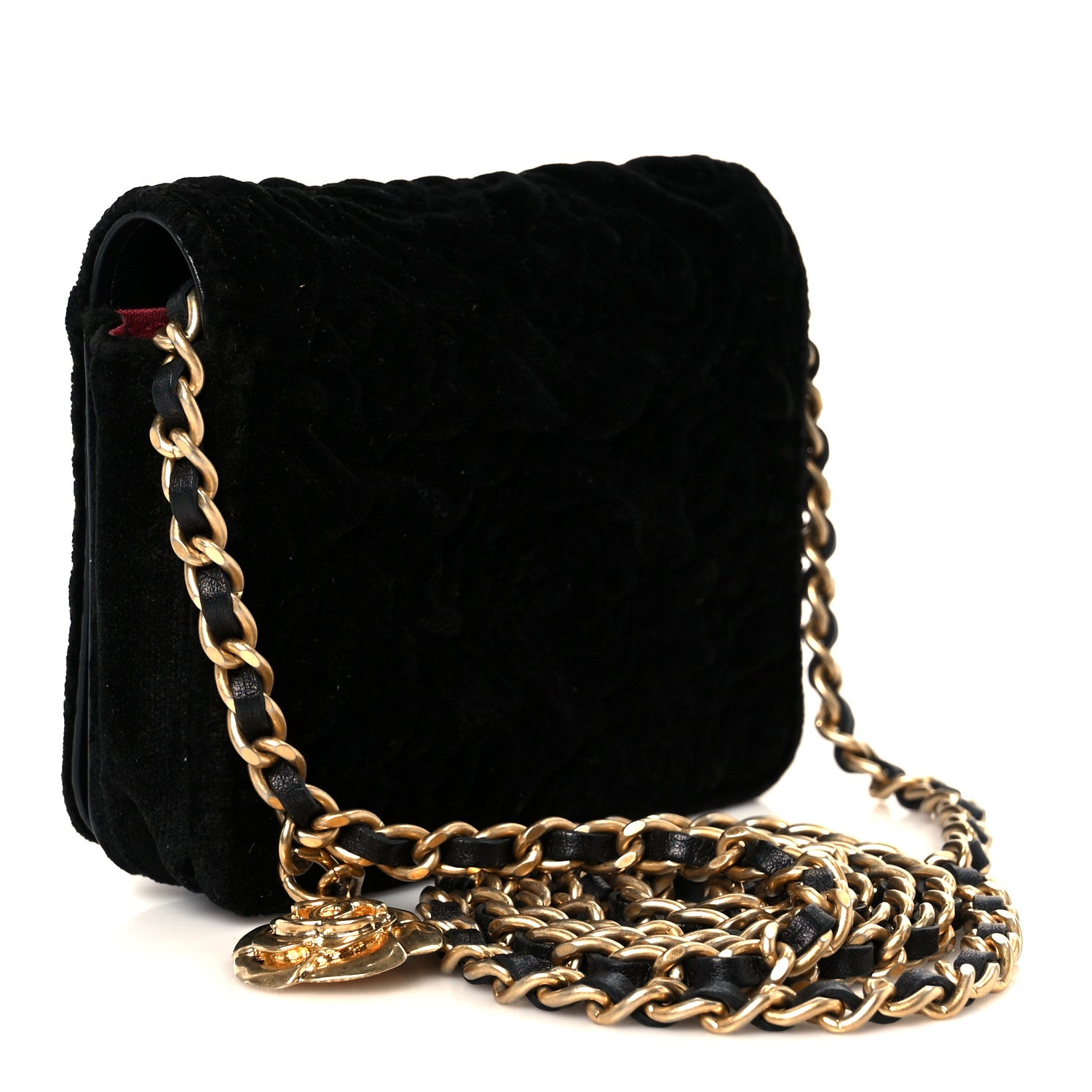 Velvet Quilted Camellia Velvet Flap Coin Purse With Chain Black