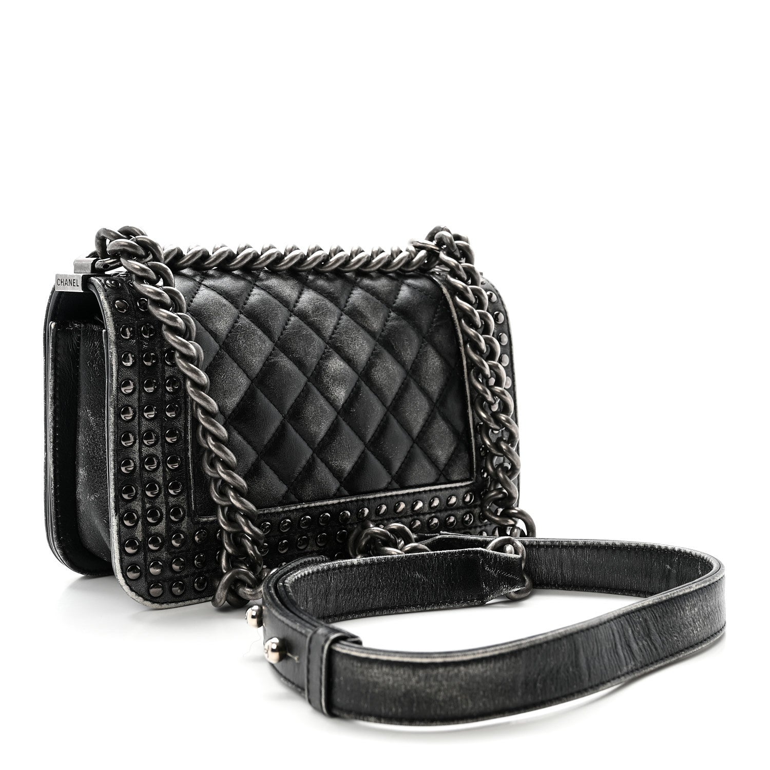 Faded Calfskin Quilted Small Studded Boy Flap Grey