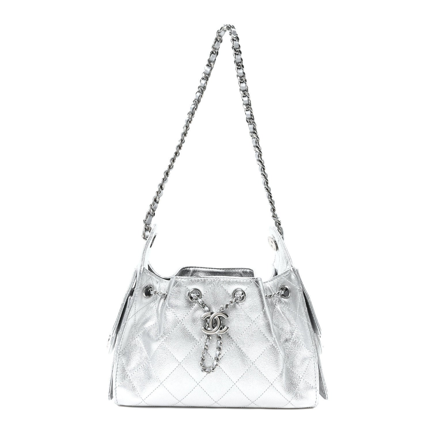 Metallic Caviar Quilted Mini Chanel 25 Handbag Silver