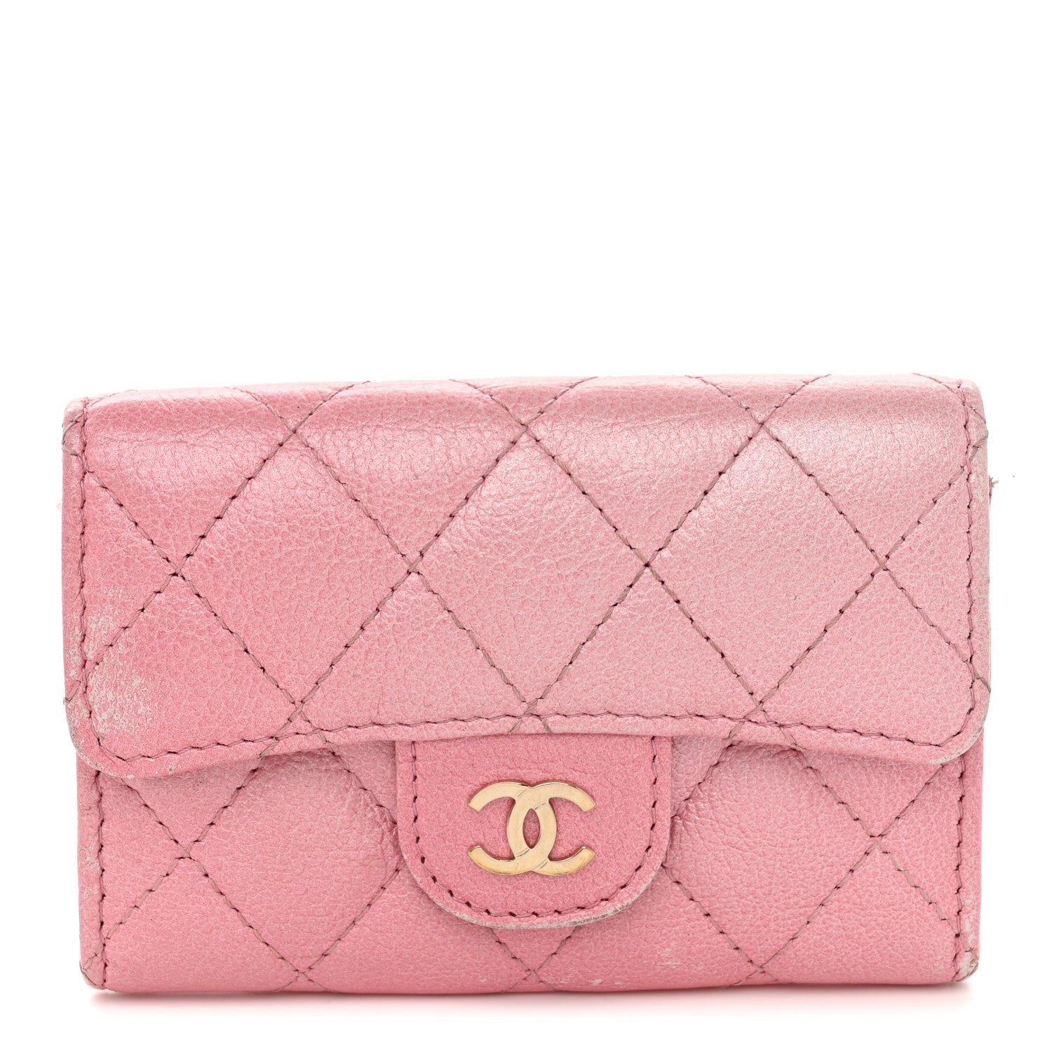 Iridescent Aged Calfskin Quilted Flap Card Holder Wallet Pink
