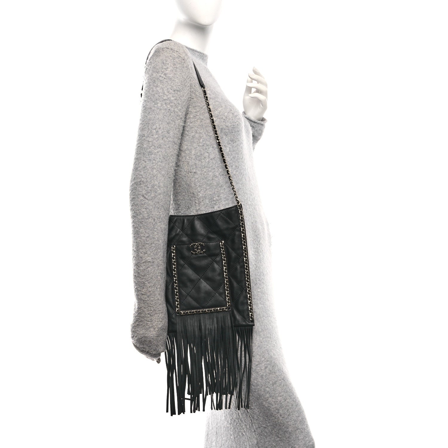 Calfskin Quilted Fringe Small Shopping Bag Black