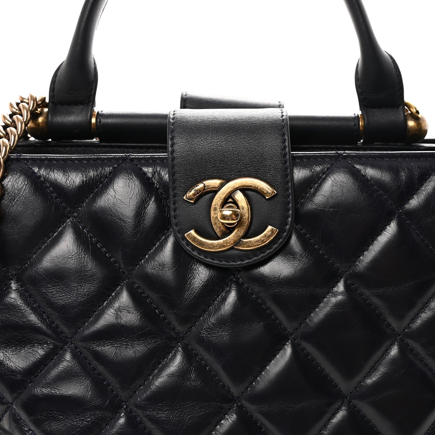 Glazed Calfskin Quilted Gold Bar Tote Dark Navy Blue