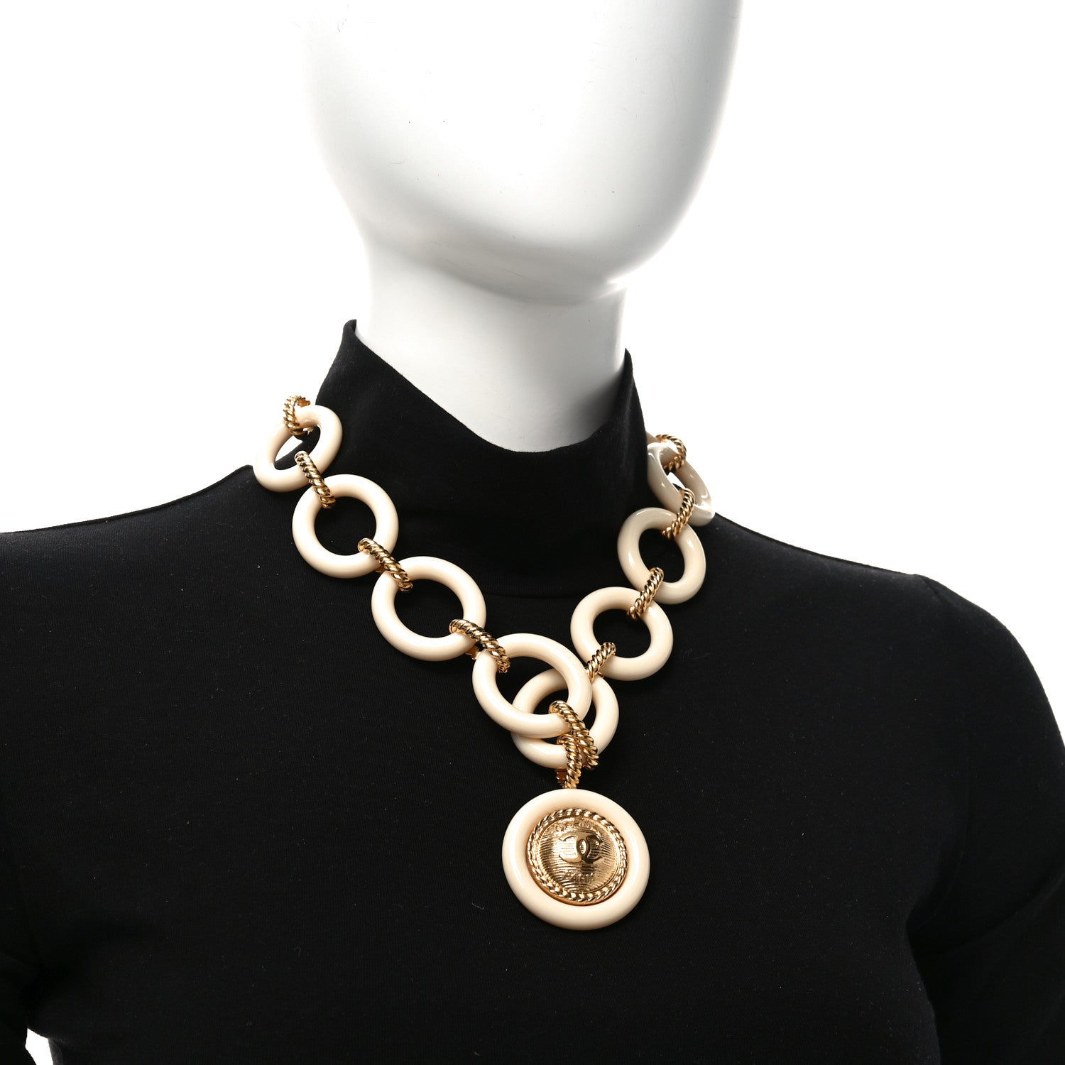 Resin Metal CC Medallion Necklace Beige Gold