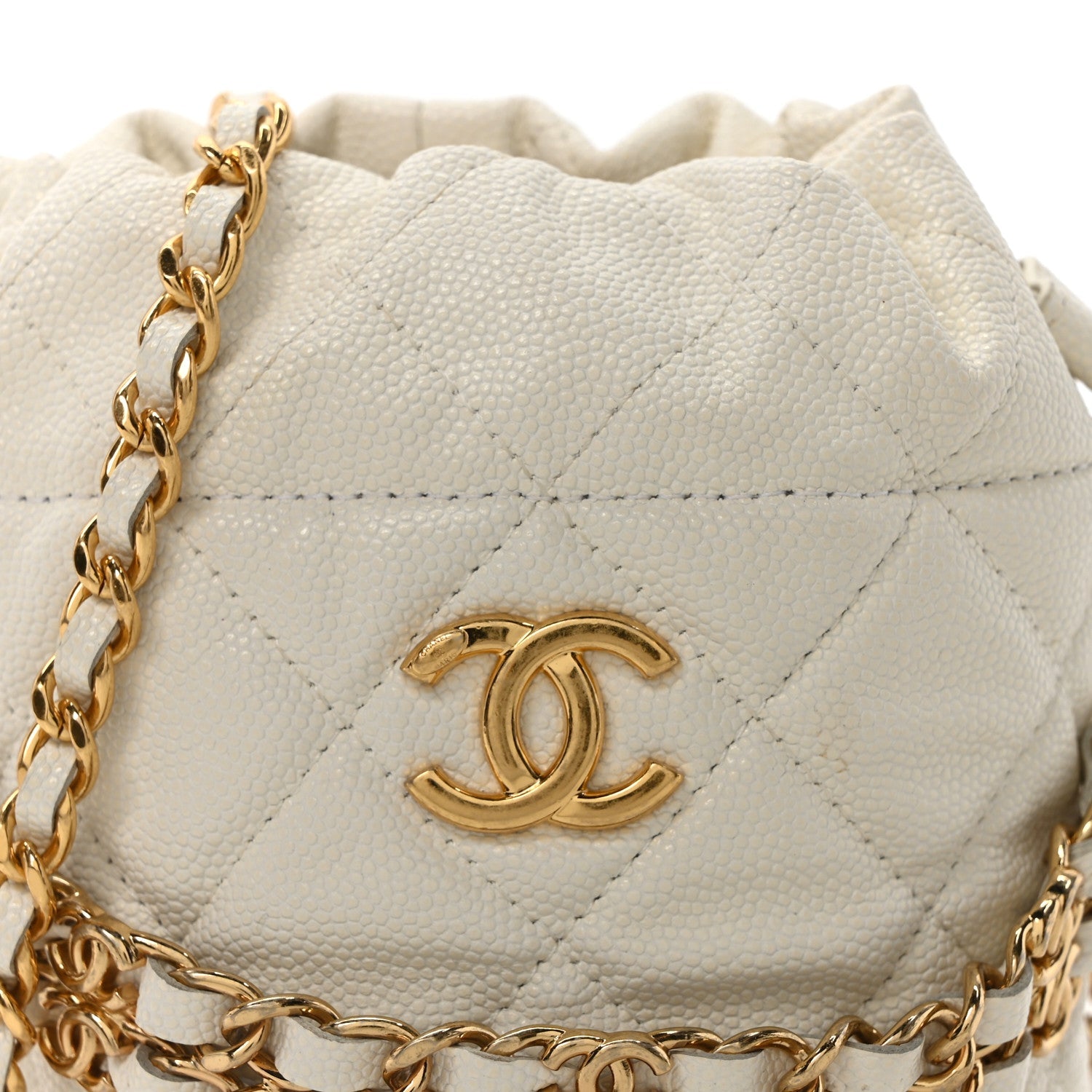 Caviar Quilted Coco First Bucket Clutch With Chain White