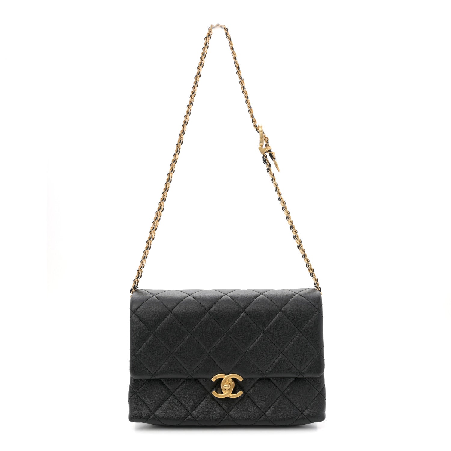 Calfskin Quilted Belt Chain Flap Black