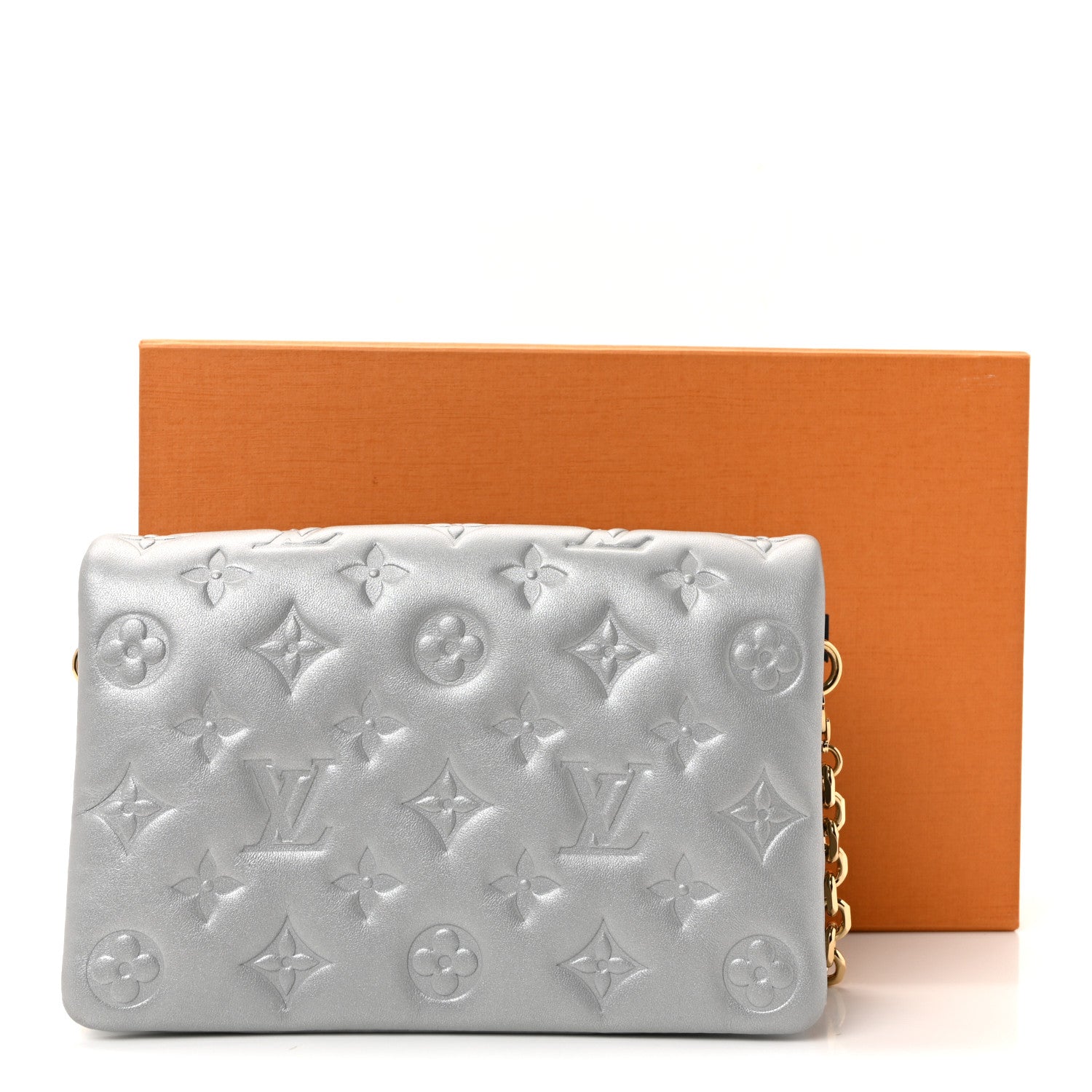 Metallic Lambskin Embossed Monogram Pochette Coussin Silver